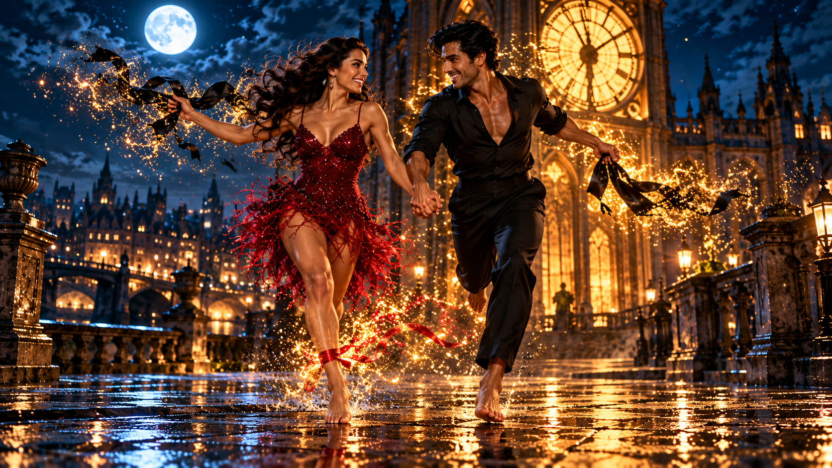 The clock face shatters into light as two dancers, blindfolds falling away, stand free outside a dark theater