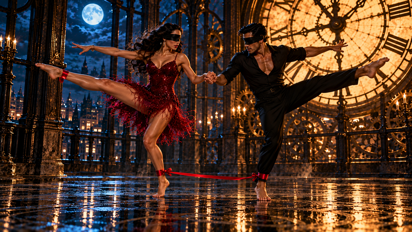 Two dancers kick in perfect mirror image, the crimson ribbon glowing between their ankles
