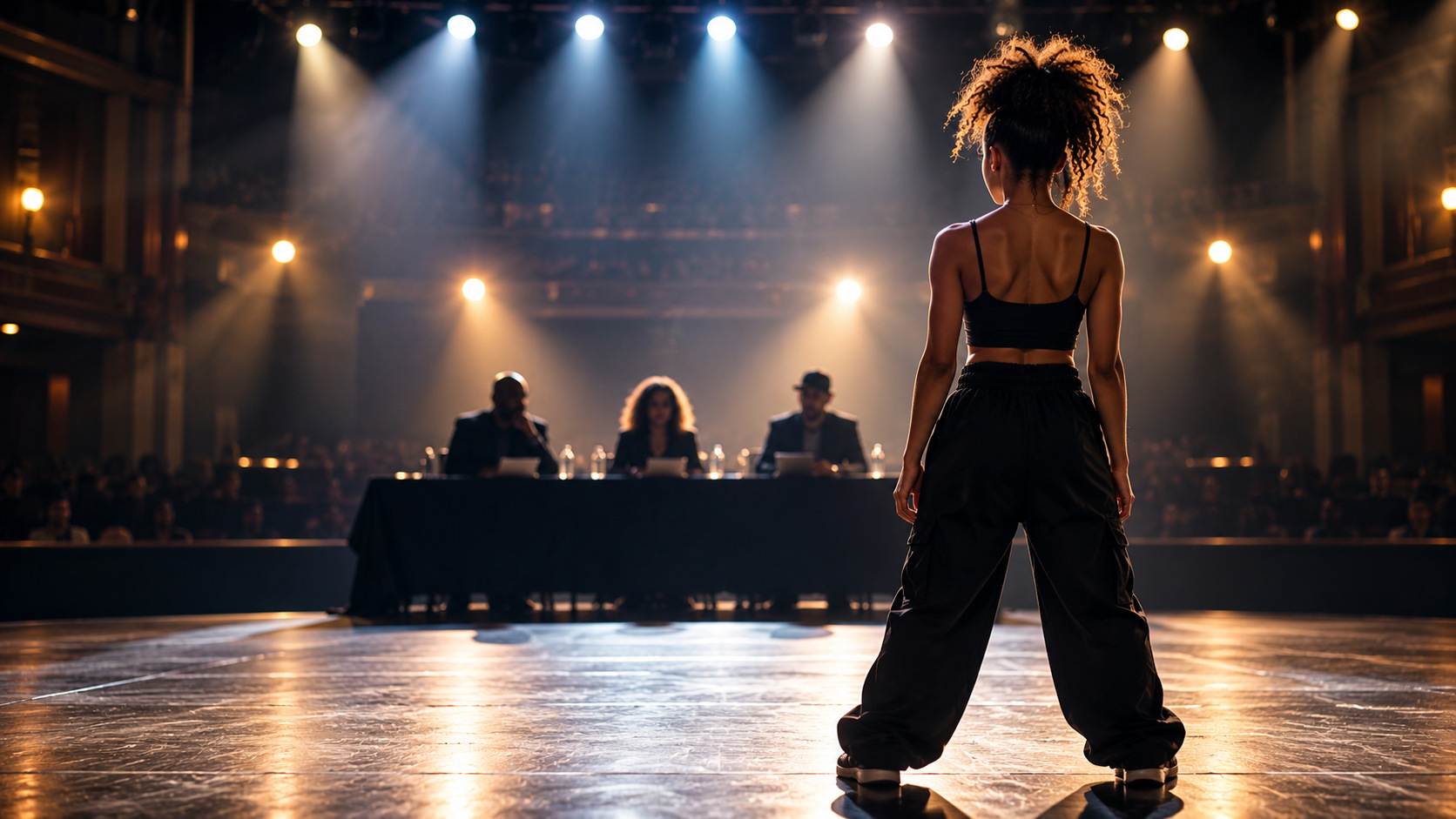 Illustration of a young dancer standing alone on a lit stage facing an audition panel