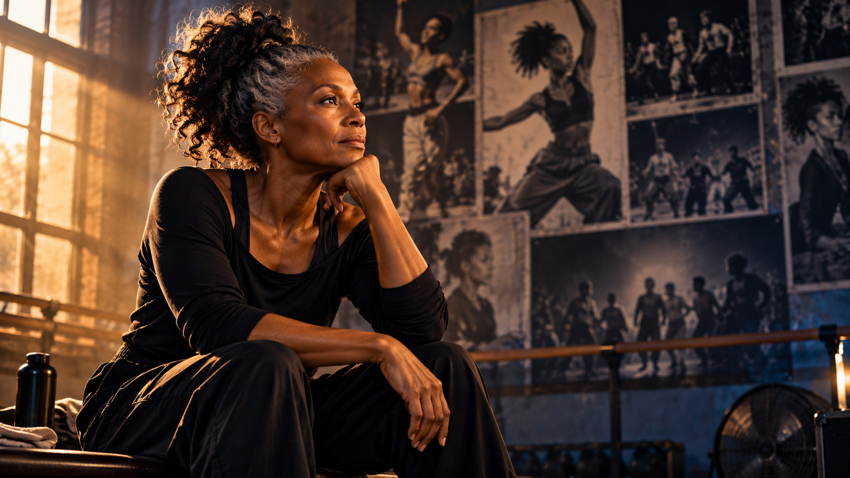 Illustration of an experienced woman dancer sitting in quiet thought in front of photographs of her younger self performing