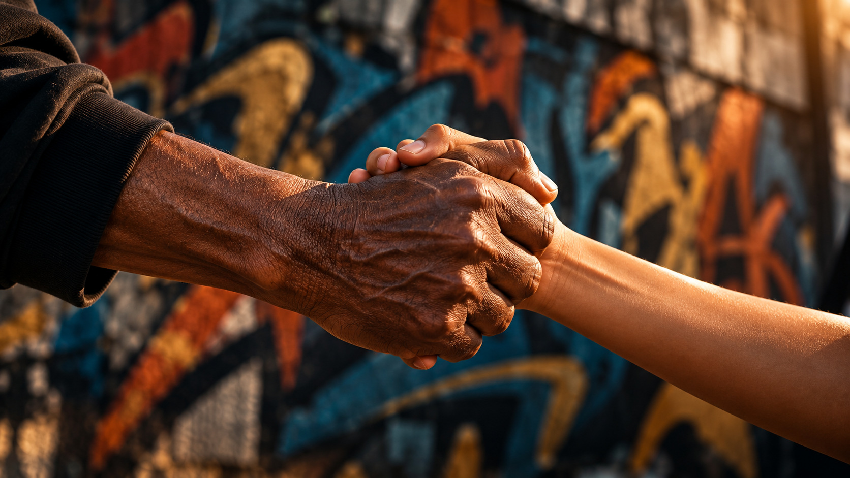 Illustration of an older dancer's weathered hand clasping a younger dancer's hand in front of a graffiti wall