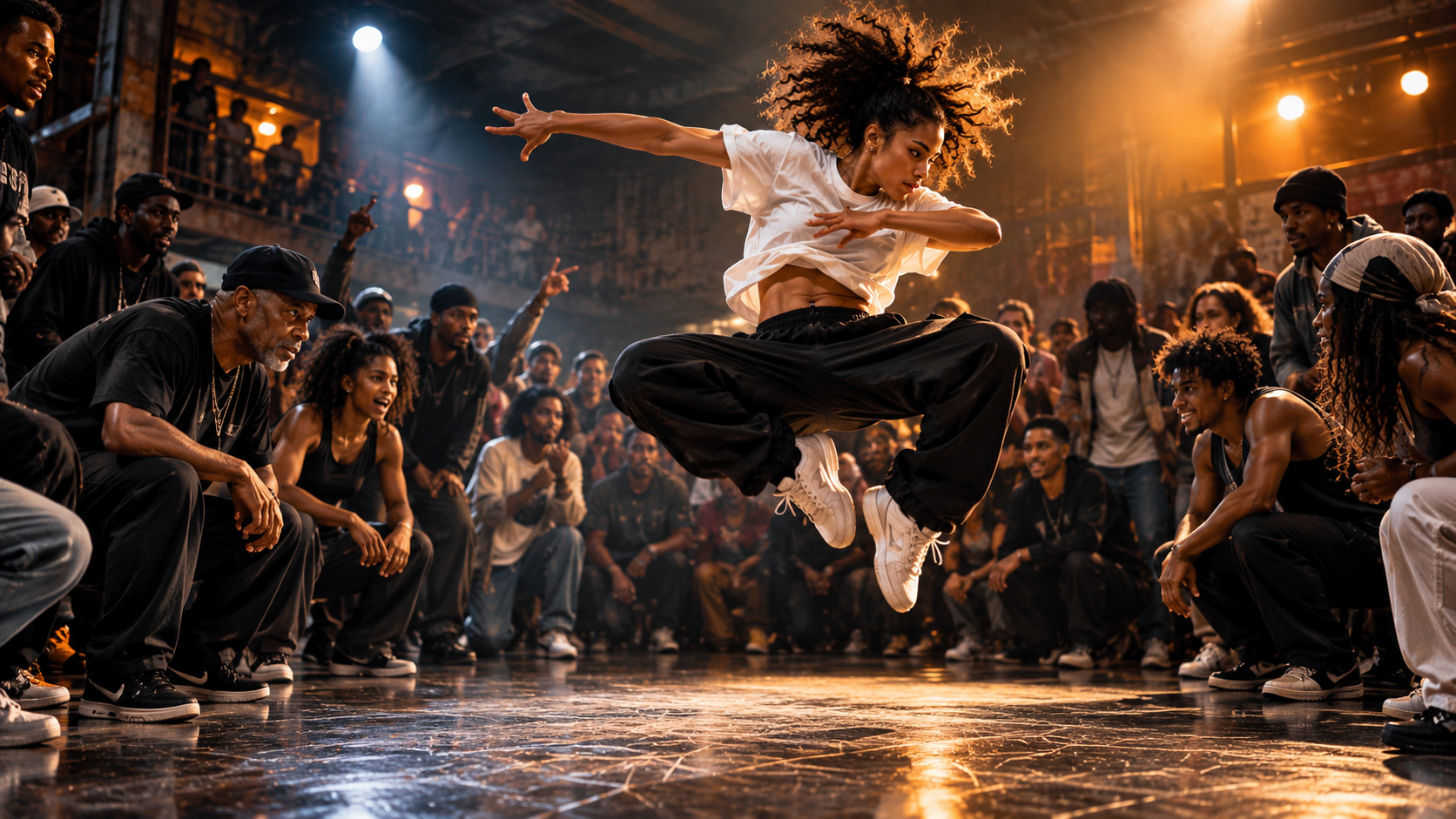 Illustration of a young woman dancer leaping in the middle of a cypher while a crowd of dancers watches