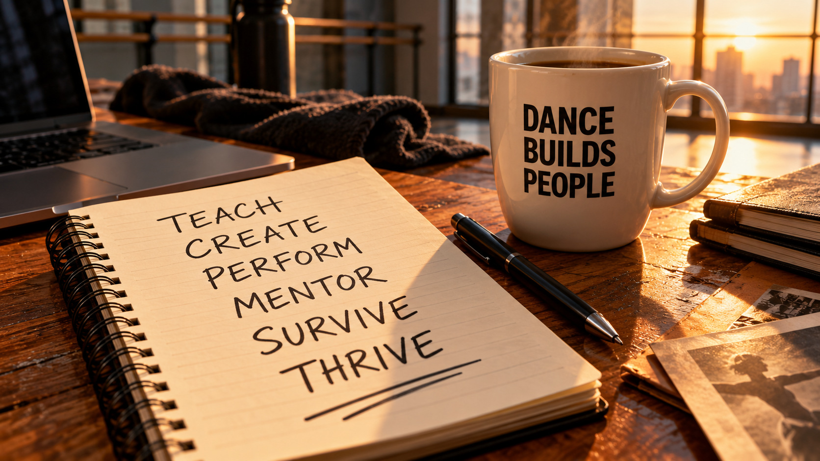 Illustration of an open notebook on a desk listing the words teach, create, perform, mentor, survive and thrive beside a coffee mug and laptop