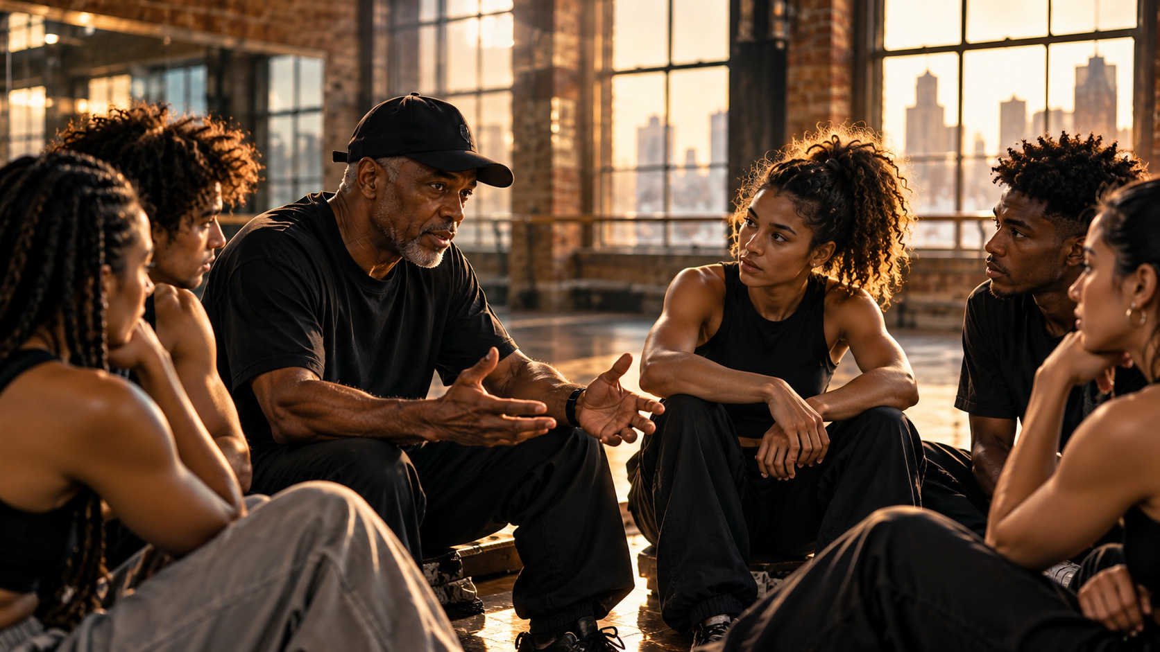 Illustration of an older dance teacher speaking with a circle of young dancers seated on a studio floor