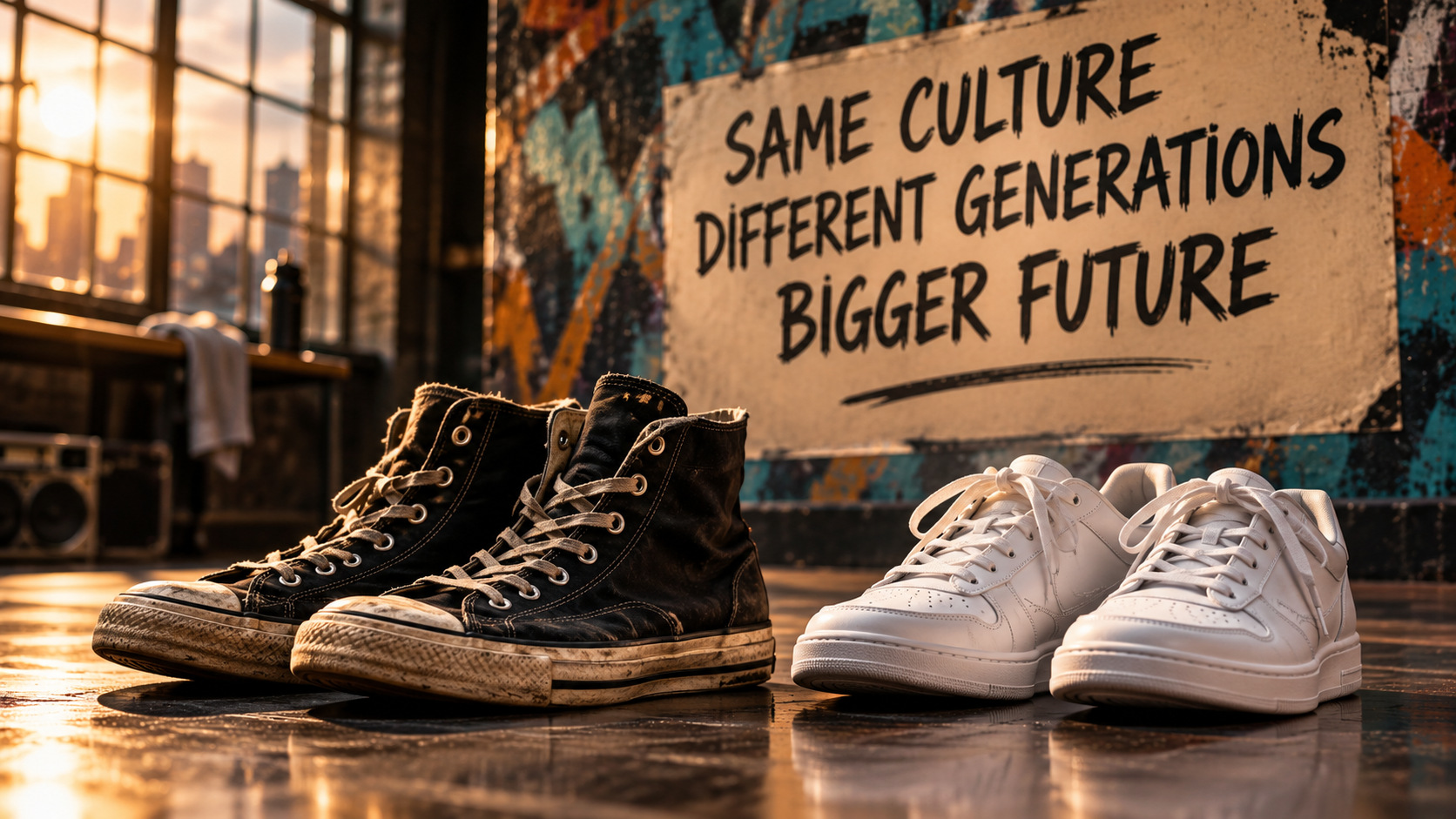 Illustration of a worn pair of black canvas sneakers beside a clean white pair under a sign reading same culture, different generations, bigger future