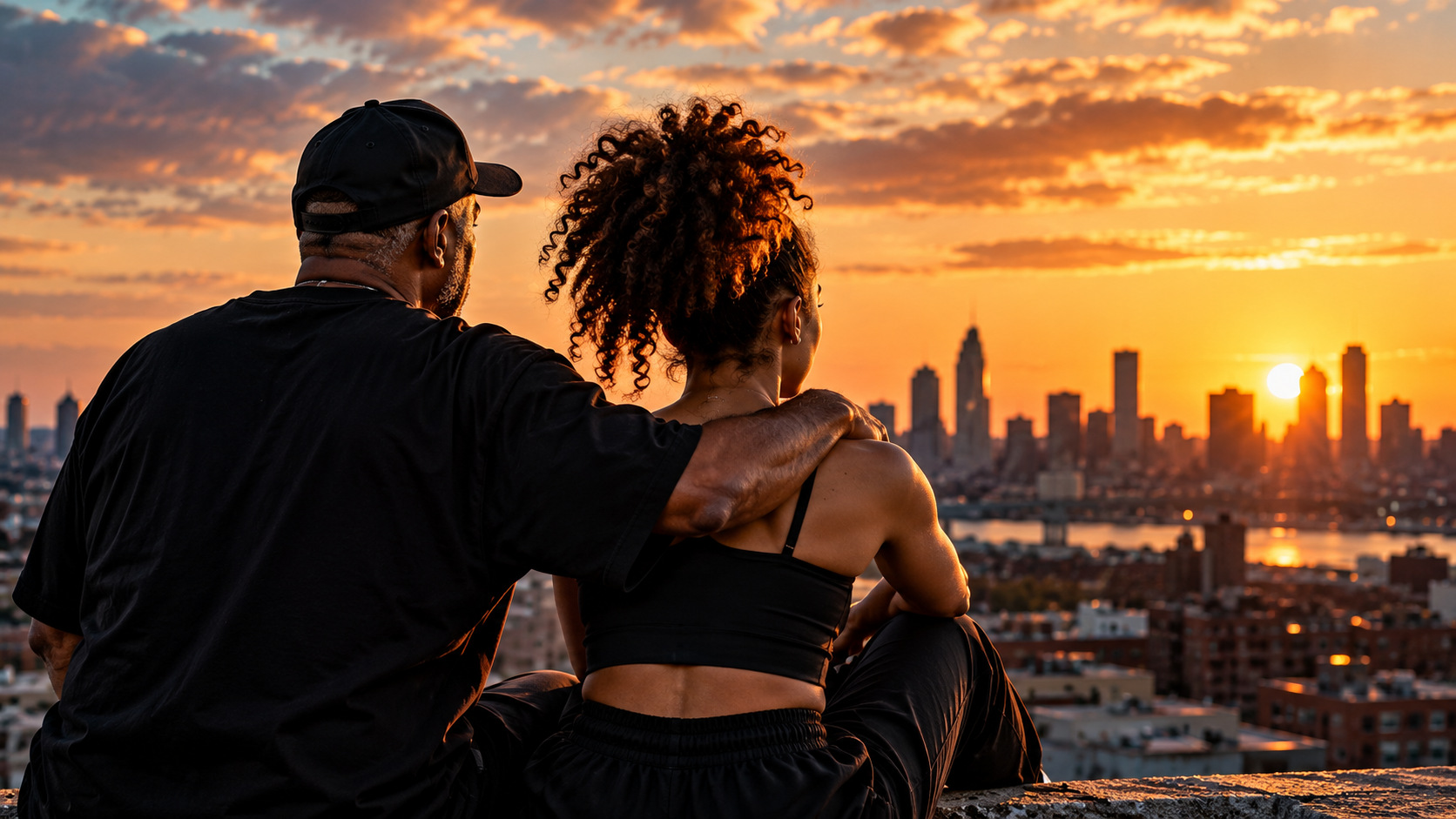Illustration of an older man with his arm around a young woman dancer as they look out over a city skyline at sunset