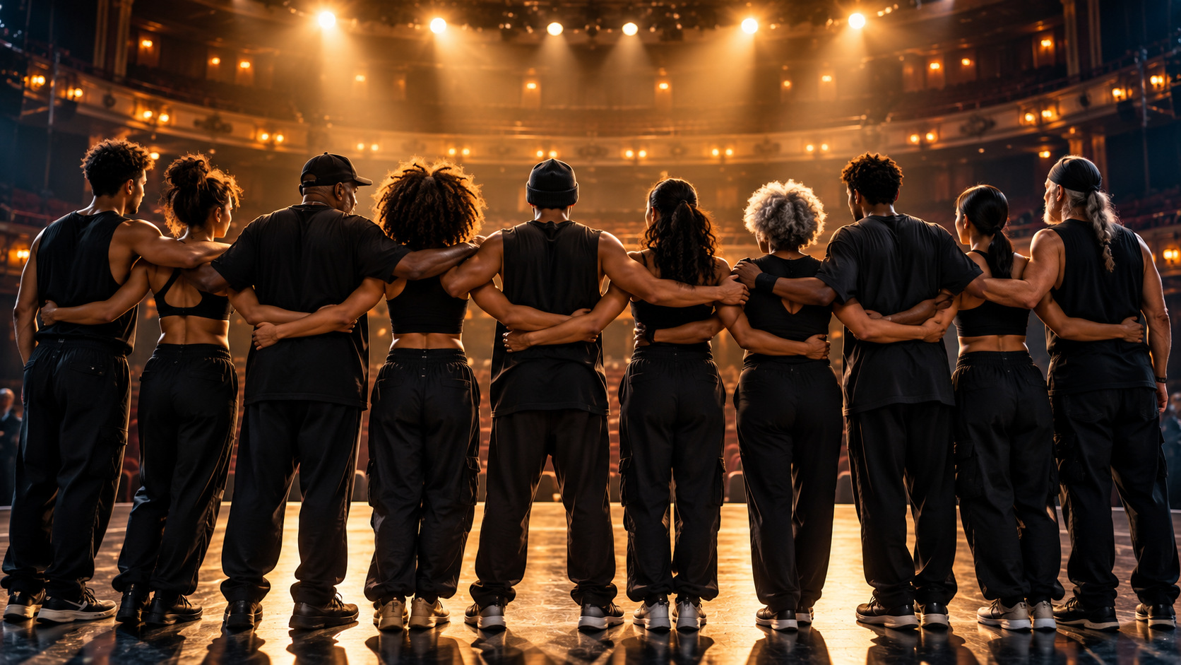 Illustration of dancers of different ages standing arm in arm on a stage facing stage lights
