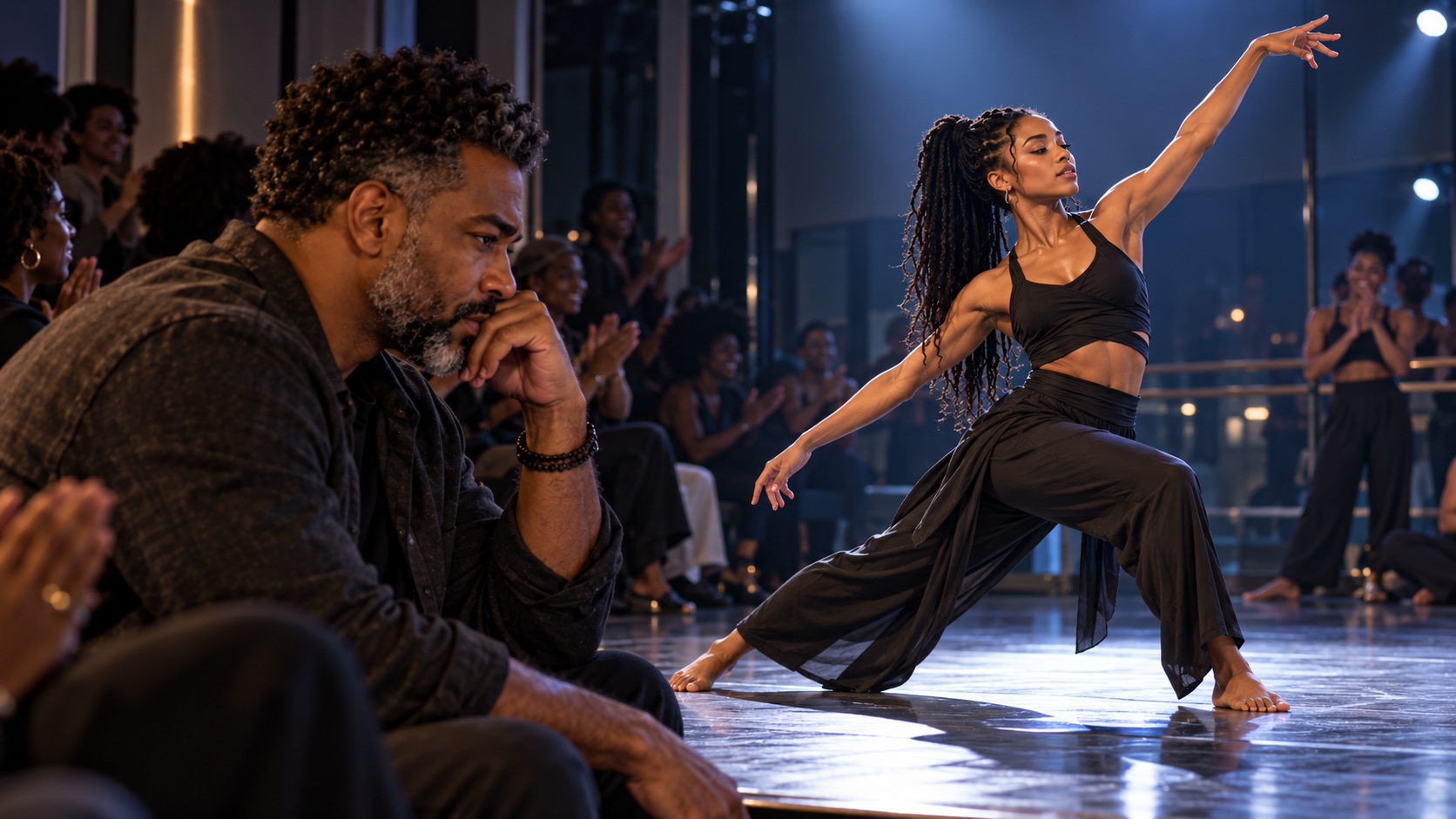 A seated choreographer watches as a younger woman performs onstage while people applaud around him.