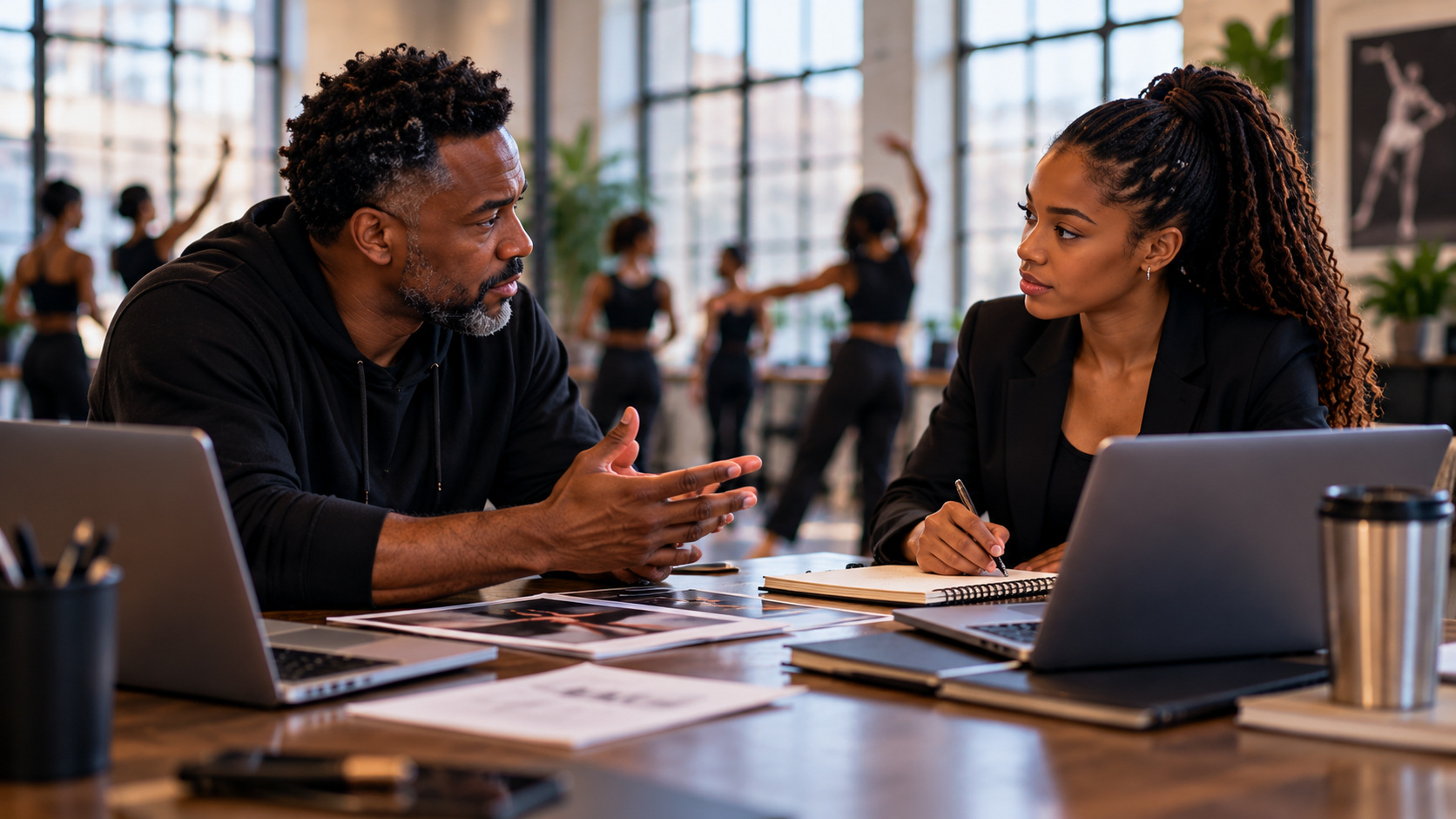 Two dance professionals discuss paperwork across a table with laptops in a daylight rehearsal studio.