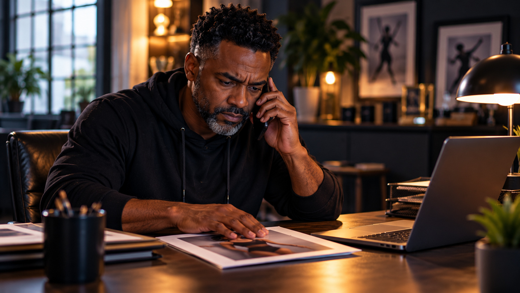 A male choreographer talks on the phone with one hand resting on a dance photograph on his desk.