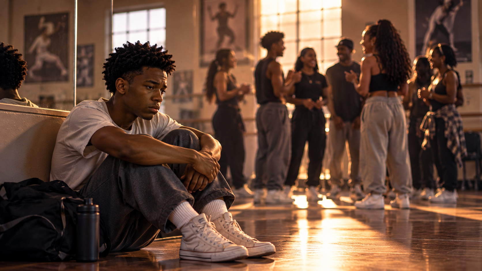 A young dancer sits alone at the edge of a dance studio while a group gathers in the background.