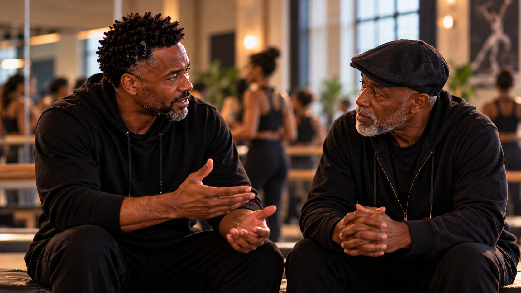 A middle-aged choreographer speaks with an older mentor wearing a flat cap on a dance studio bench.