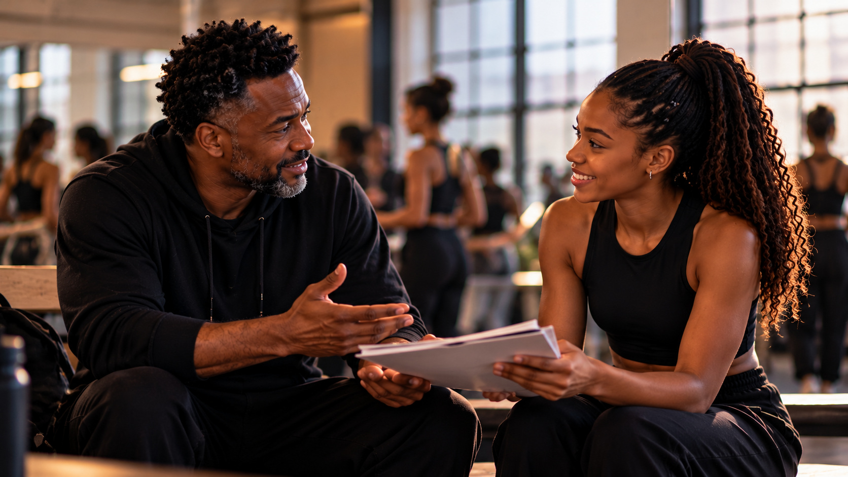 A male choreographer and a younger woman sit together in a studio reviewing a small stack of papers.
