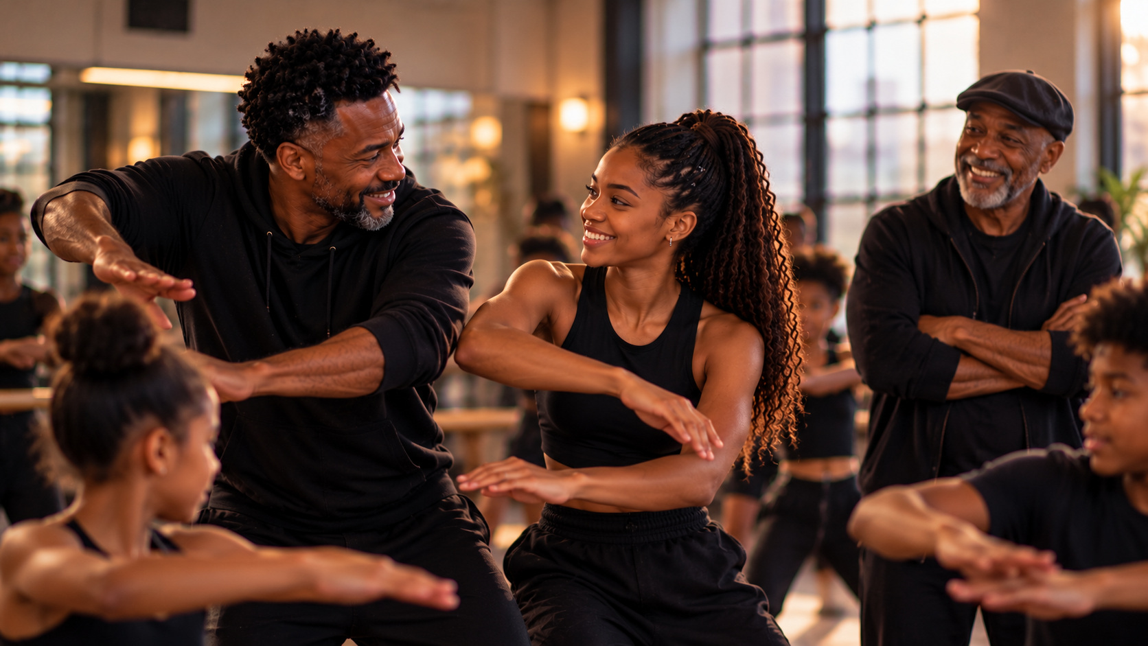 Two choreographers teach movement side by side to young dancers as an older mentor watches.