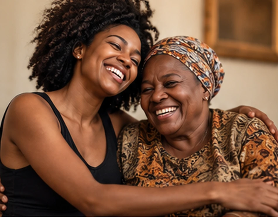 Illustration of a younger woman and an older woman embracing and smiling, representing love and gratitude across generations.