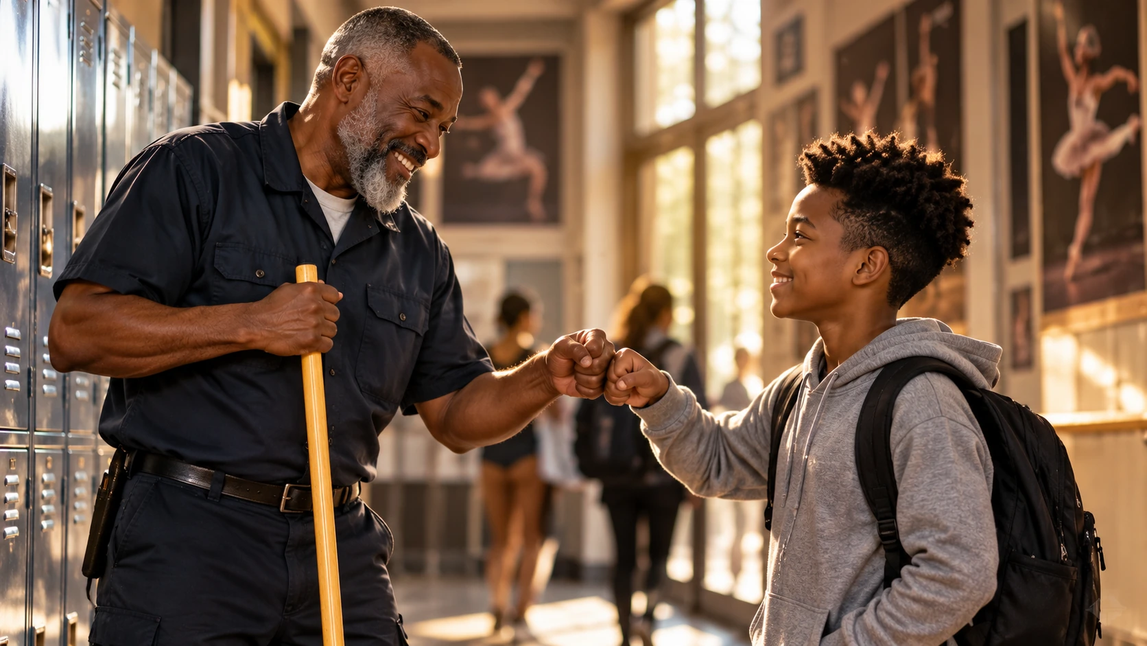 Illustration of a smiling custodian sharing a fist bump with a young student wearing a backpack in a school hallway.
