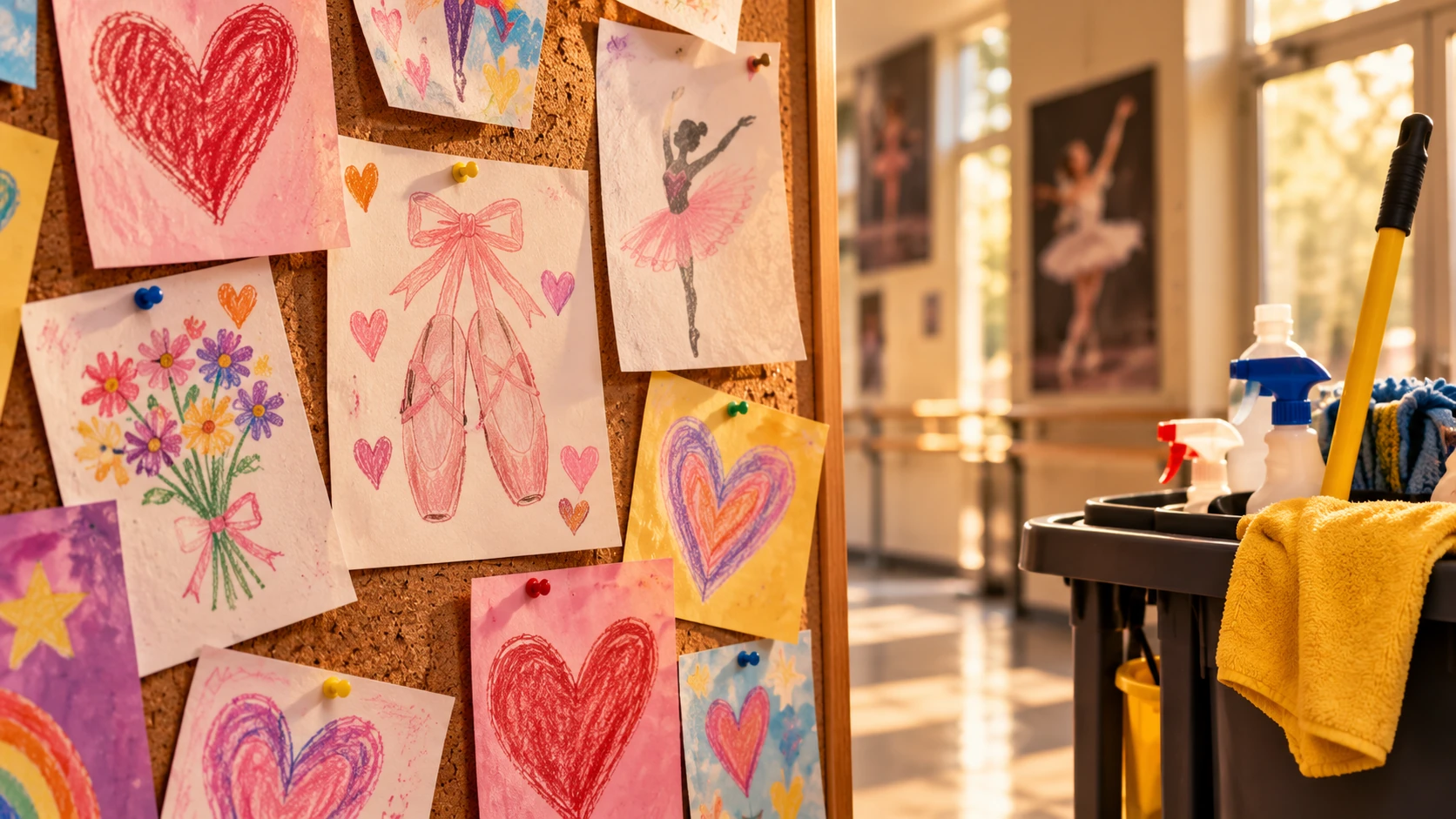 Illustration of handmade thank-you cards from young dancers pinned to a bulletin board beside a custodian’s cleaning cart.