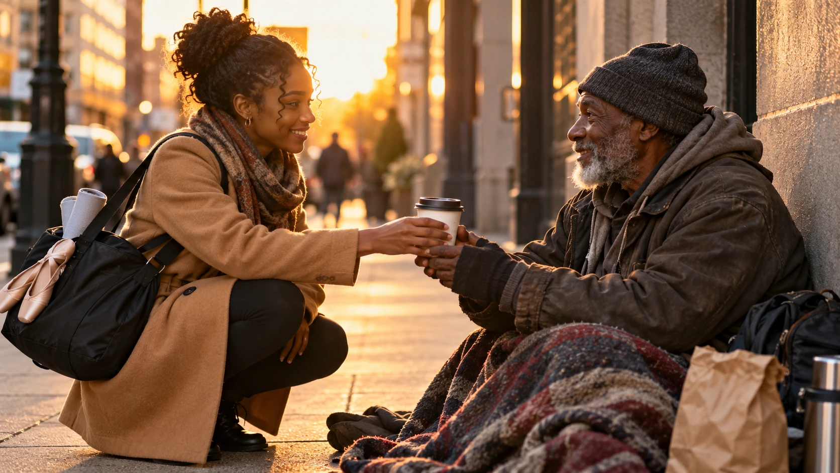 Illustration of a young woman crouching on a city sidewalk at golden hour to share coffee and conversation with a smiling older man in winter clothes.