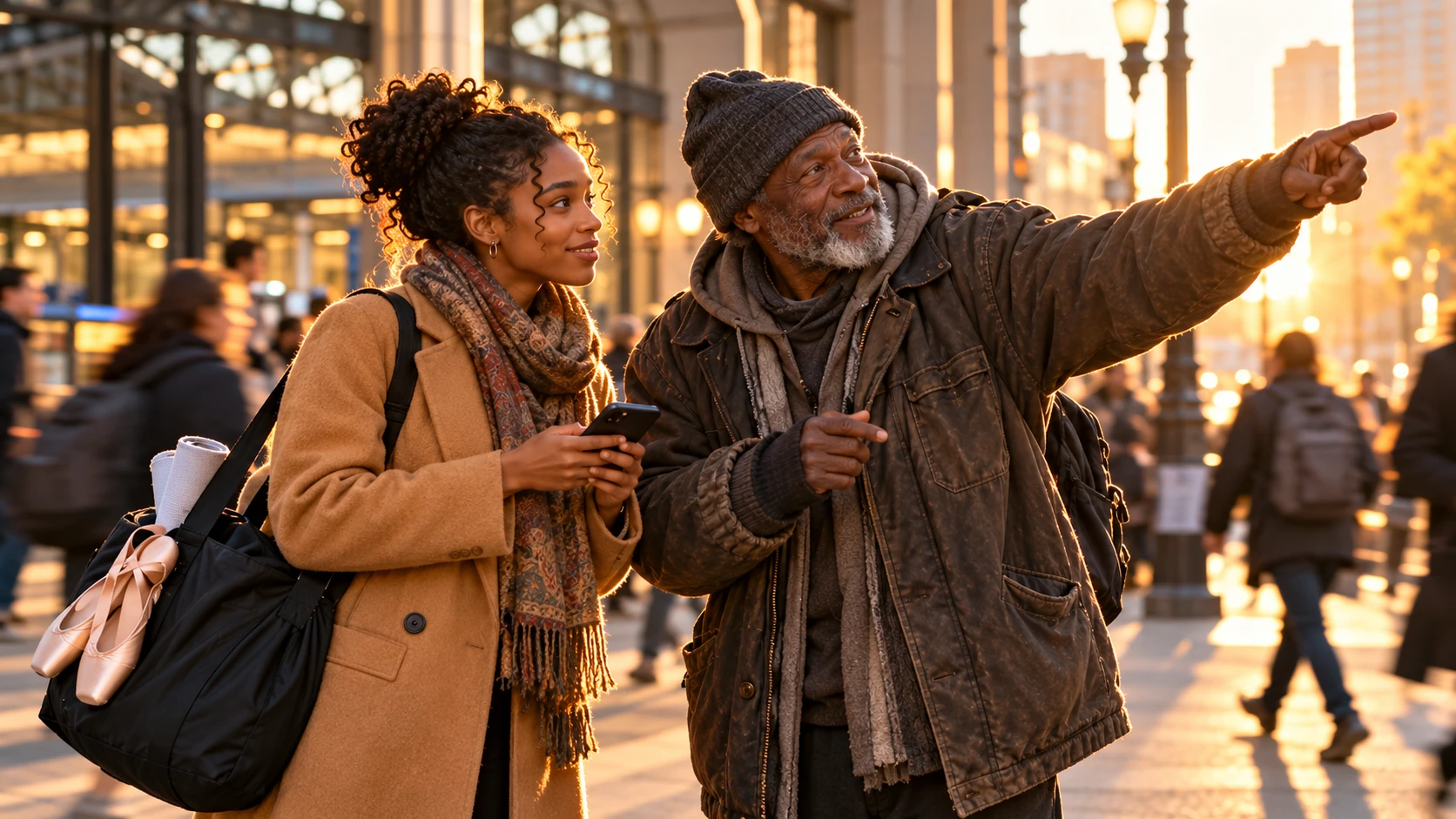 Illustration of an older man in a worn coat pointing the way for a young woman with a dance bag outside a busy transit station.