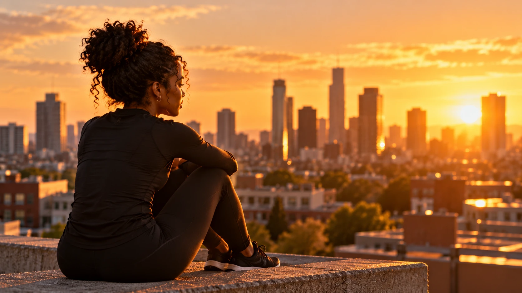 Illustration of a young dancer sitting on a rooftop at sunset, looking out over the city in quiet reflection.