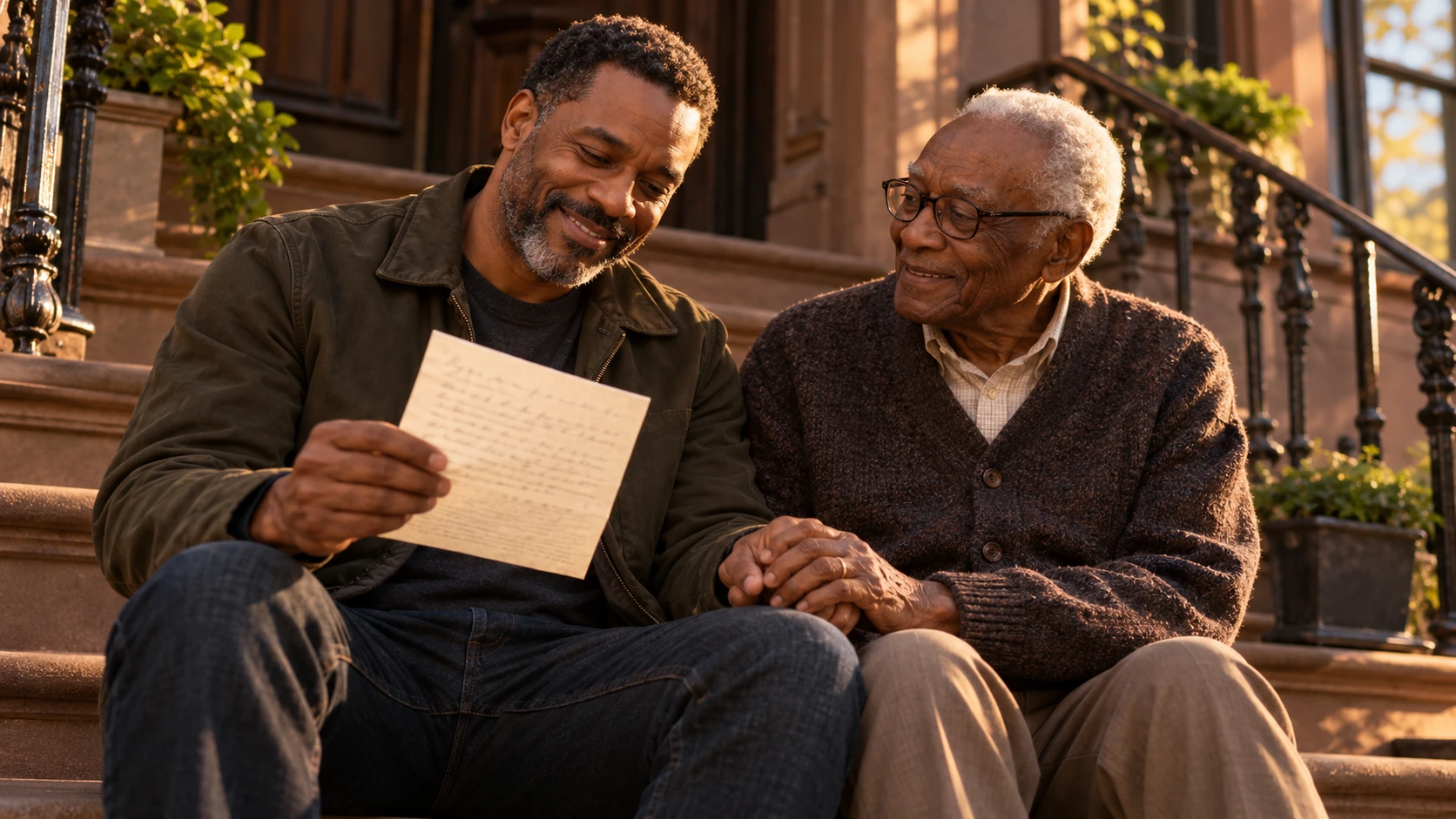 Illustration of a man in his forties holding the hands of an elderly man on a brownstone stoop at golden hour, a handwritten letter between them.