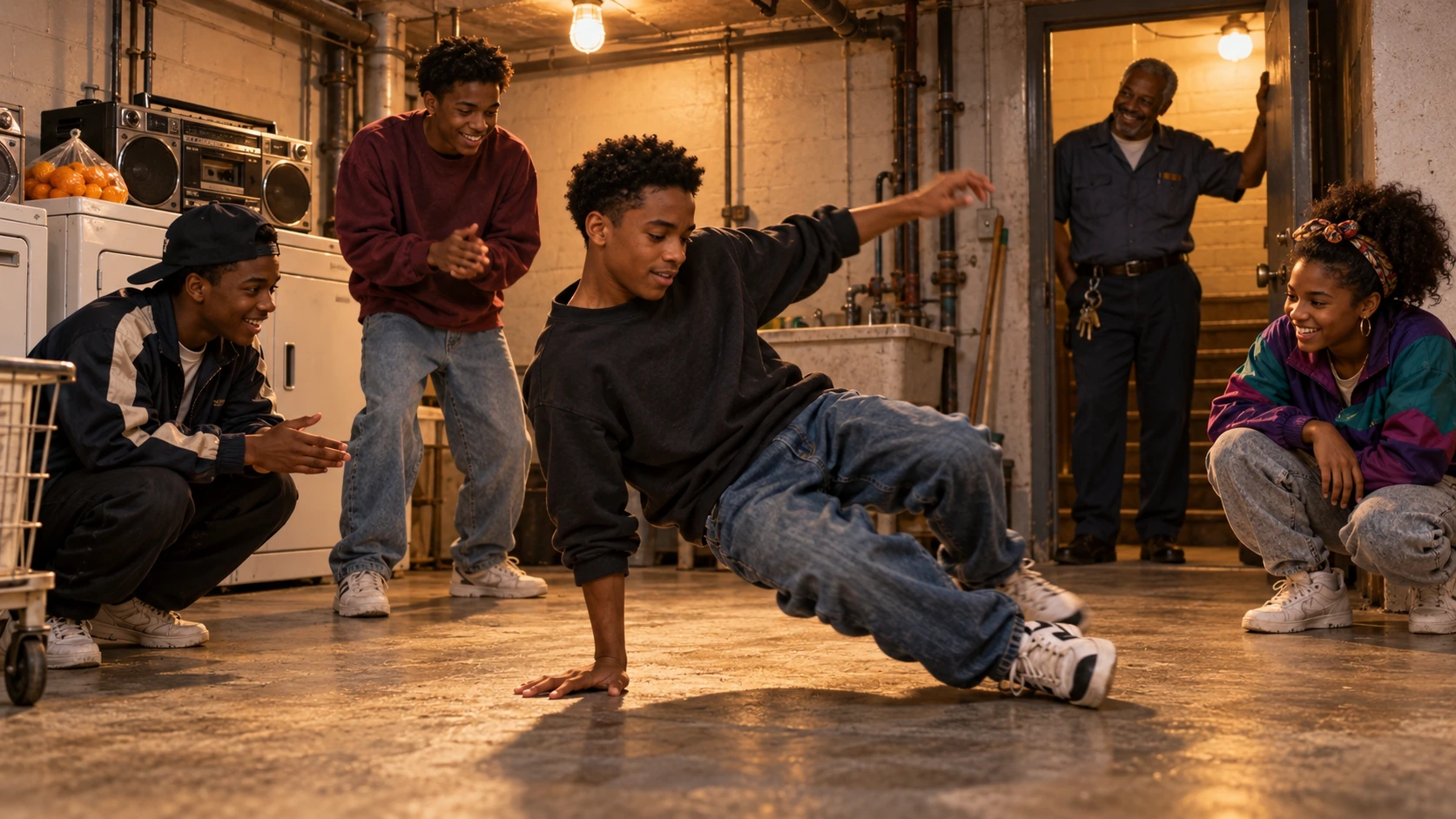 Illustration of teenage dancers practicing in a swept corner of an apartment-building basement while an older building superintendent with a ring of keys watches and smiles.