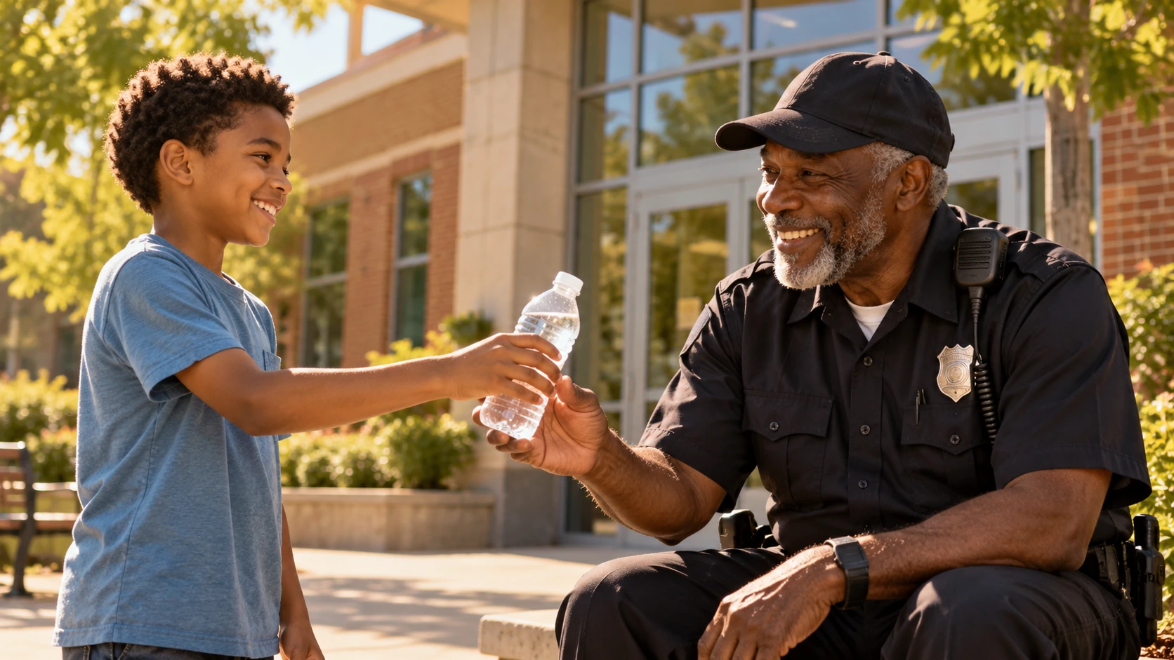 Illustration of a smiling young boy handing a bottle of water to an older community-center security guard on a hot summer day.