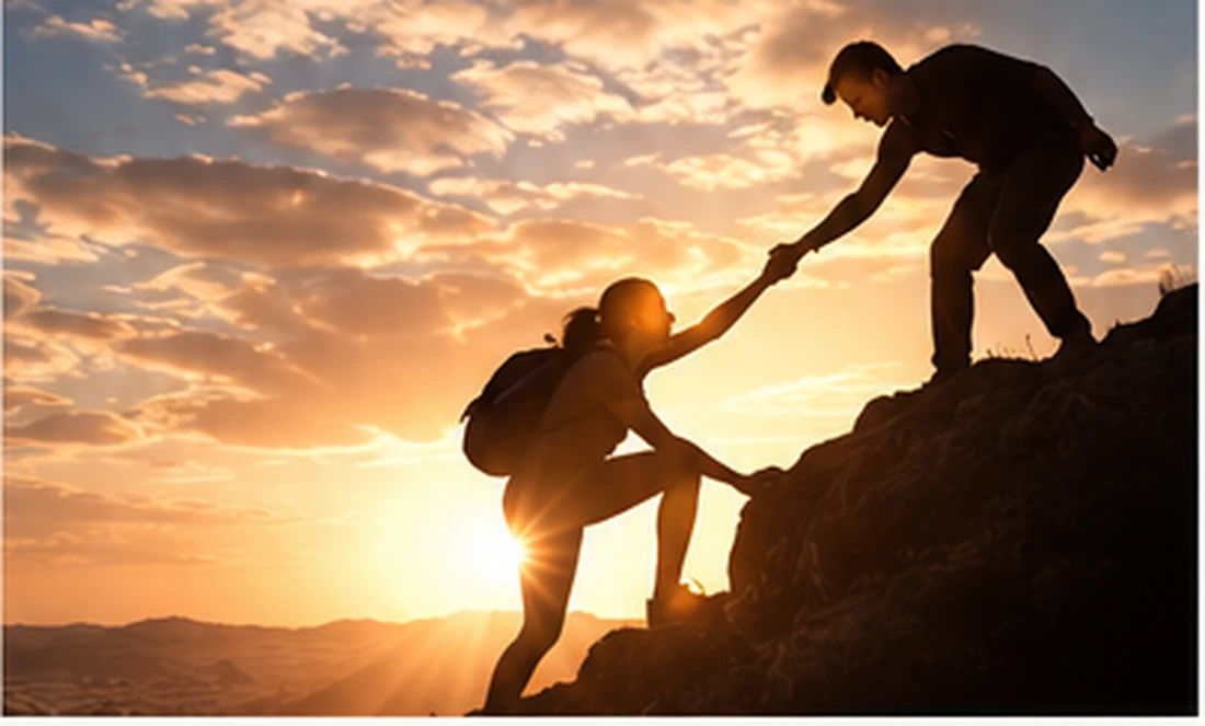 Illustration of one hiker reaching down from a ridge at sunset to help another hiker climb, representing mutual support and paying kindness forward.