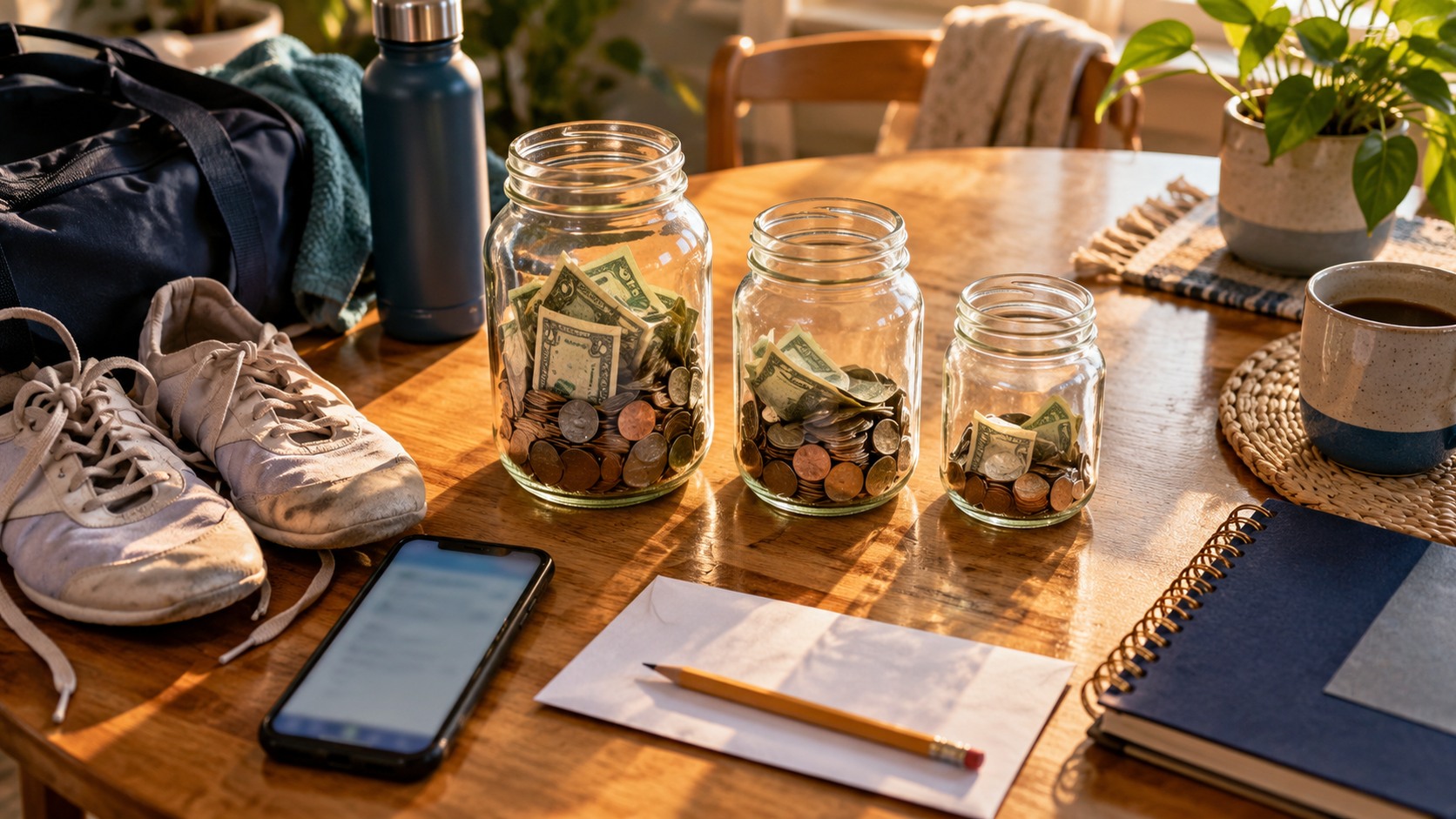 Illustration of a dancer's kitchen table with sneakers and three glass jars of coins and bills at different heights, showing money split for spending, saving and taxes