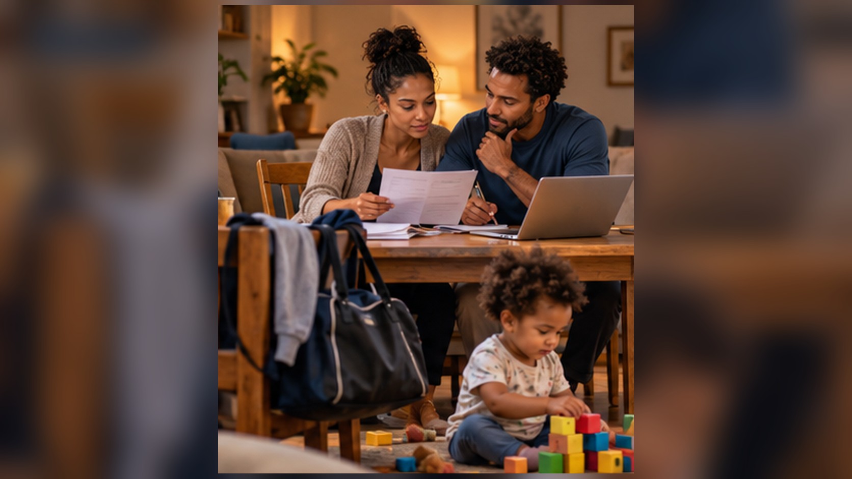 Illustration of a dancer couple in their thirties at a kitchen table reviewing papers while their toddler plays nearby, a dance bag by the door