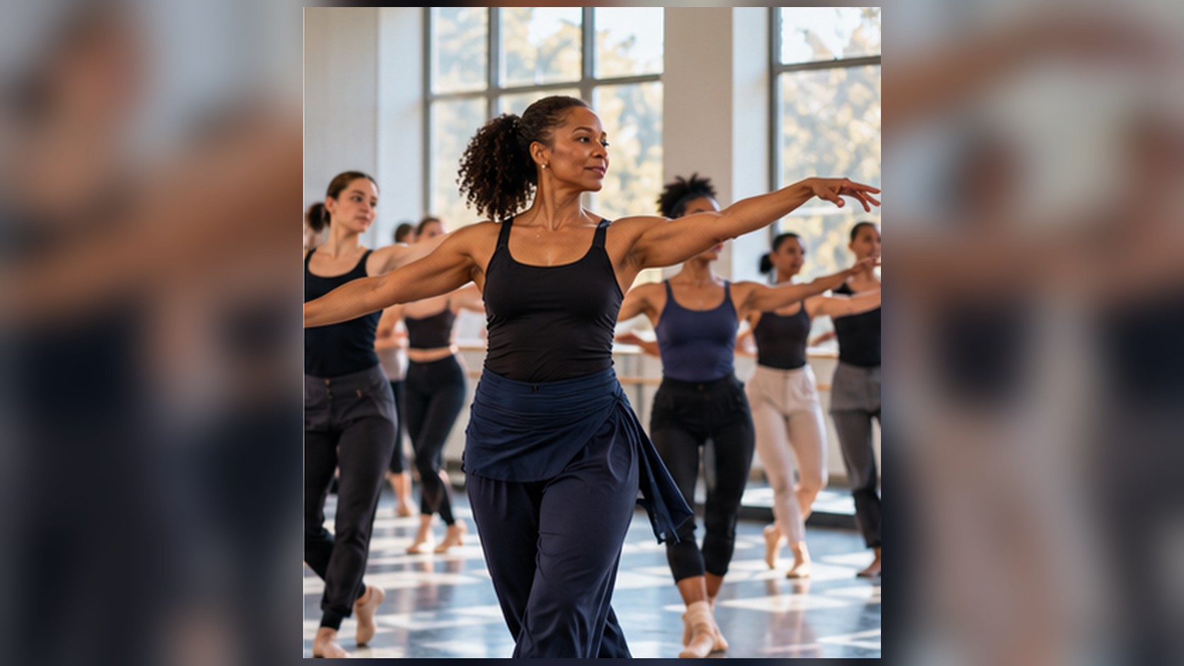 Illustration of a dance teacher in her forties leading a college studio class as students mirror her arm line