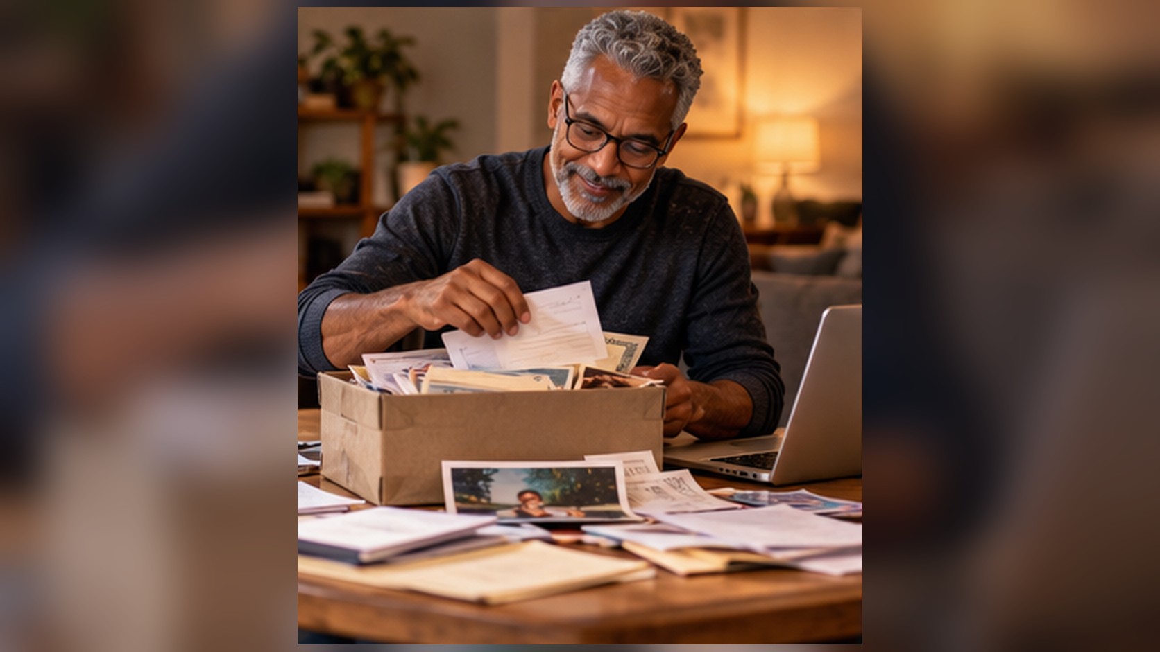Illustration of a dancer in his fifties sorting a box of old pay stubs, contracts and show programs beside a laptop