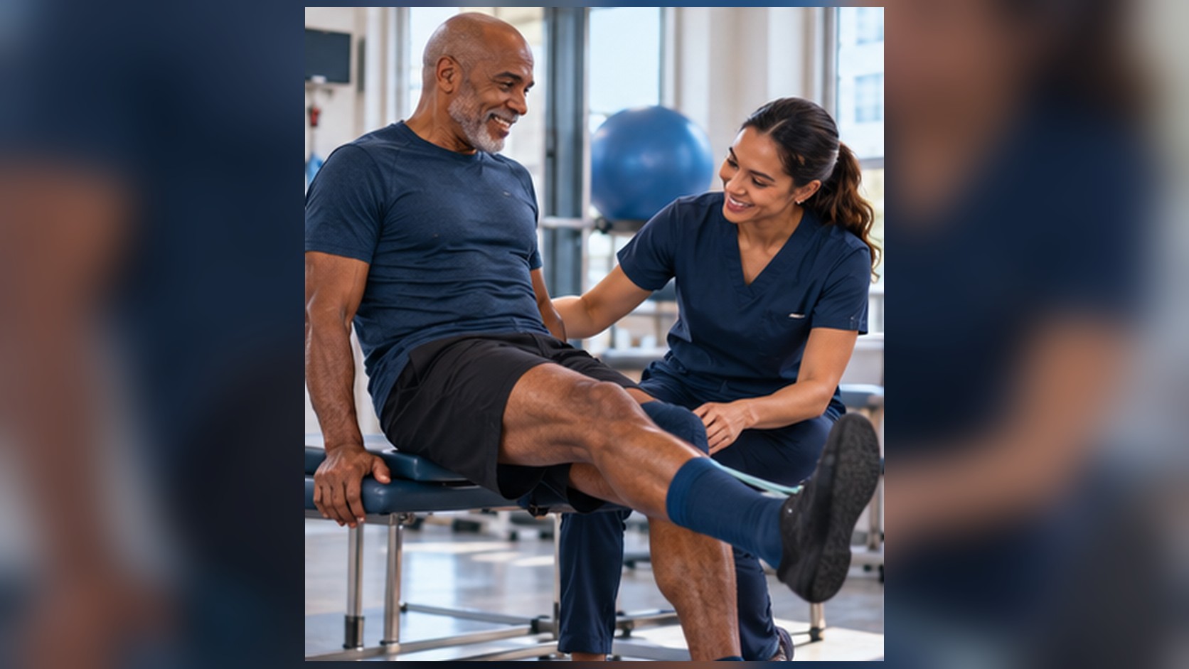 Illustration of a veteran dancer in his sixties working with a physical therapist on knee strength in a bright clinic