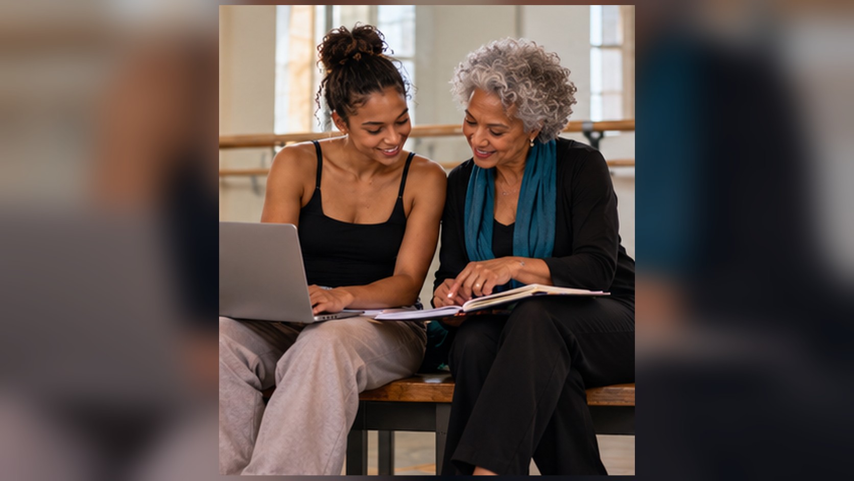 Illustration of a young dancer and an older mentor side by side at a studio bench, reviewing a laptop and a notebook together