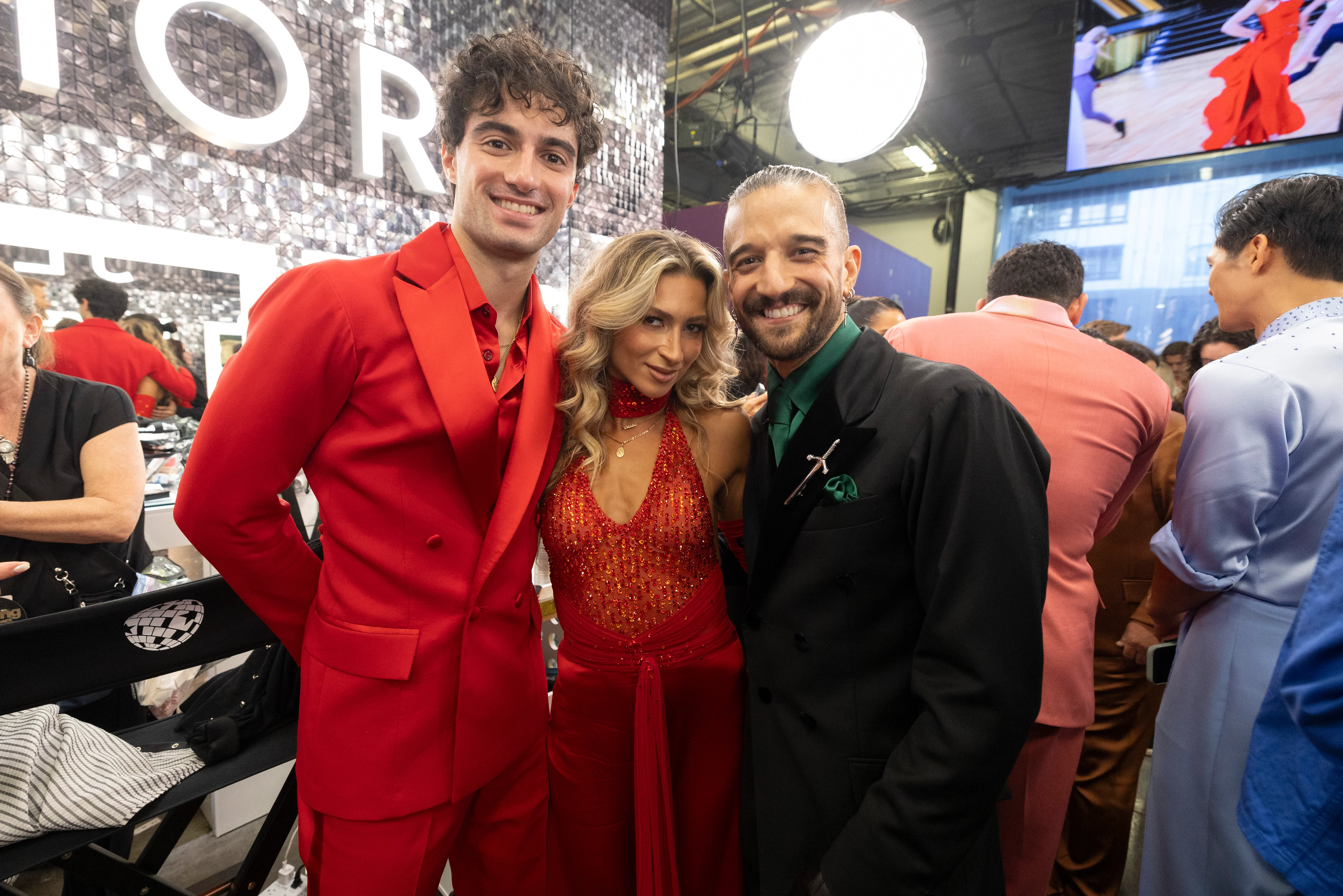 Ezra Frech, Daniella Karagach and Mark Ballas backstage during Dancing with the Stars Season 35