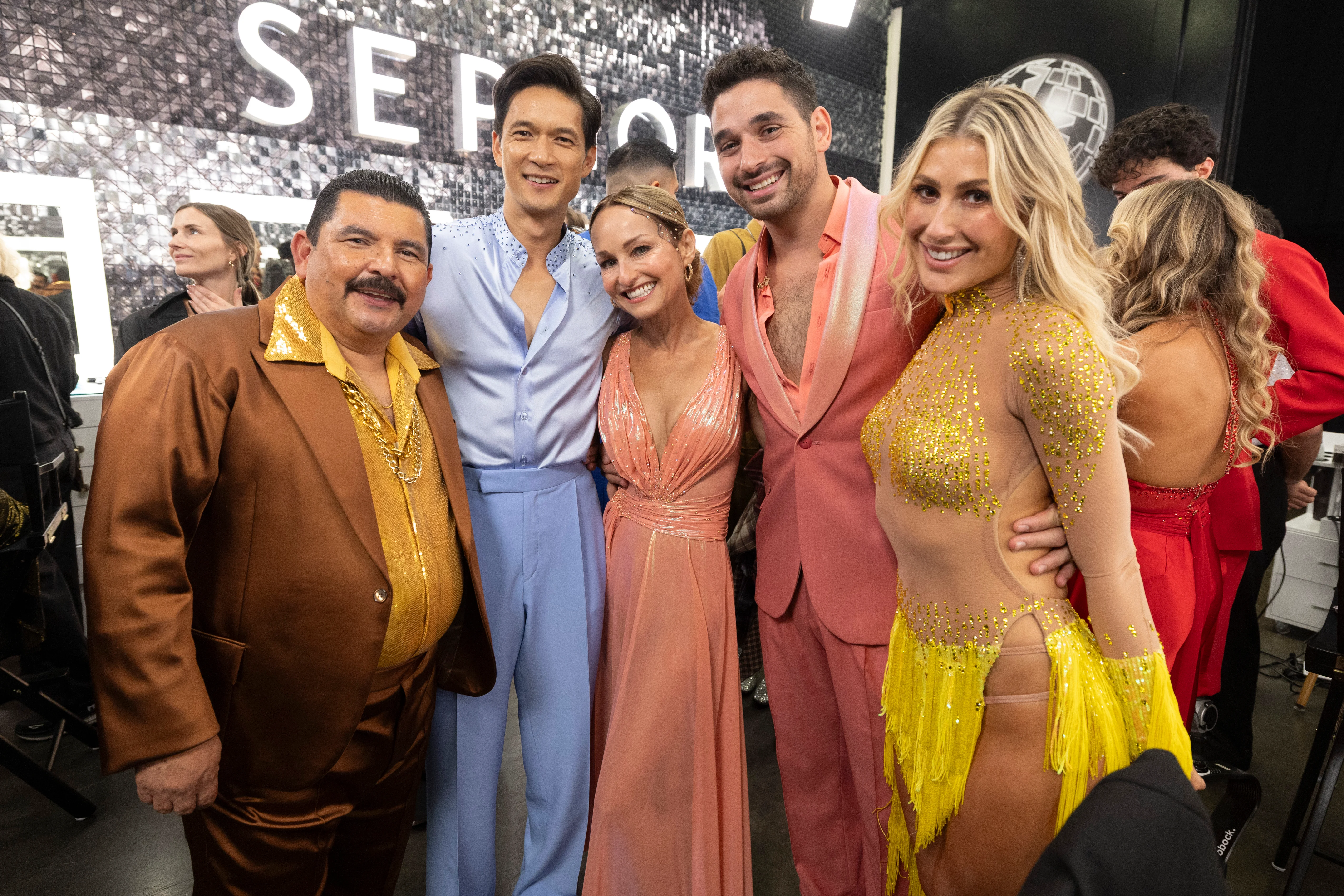 Guillermo Rodriguez, Harry Shum Jr., Giada De Laurentiis, Alan Bersten and Emma Slater backstage during Dancing with the Stars Season 35