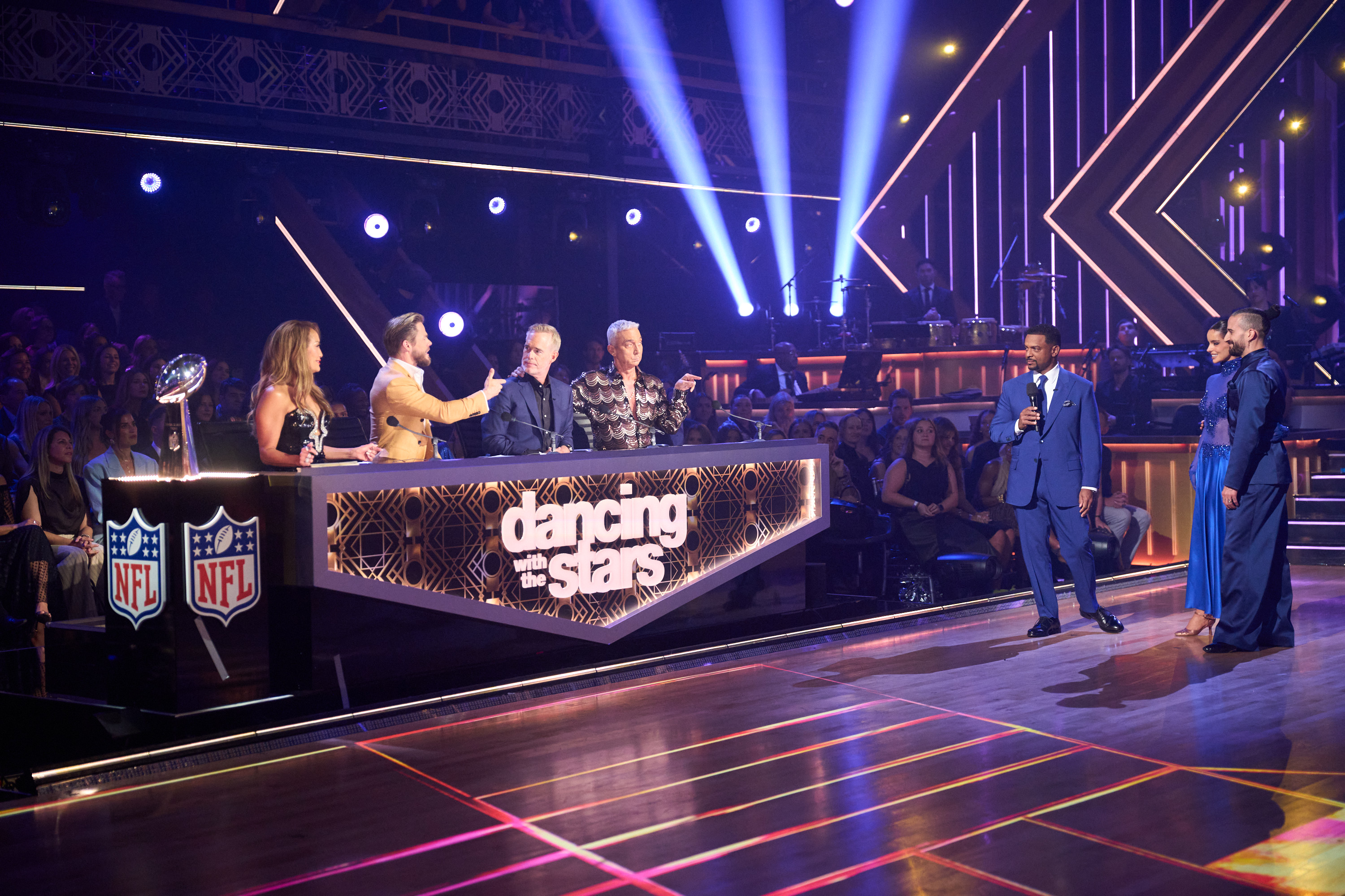 Carrie Ann Inaba, Derek Hough, Joe Buck, Bruno Tonioli and Alfonso Ribeiro with Maura Higgins and Mark Ballas on Super Bowl Night