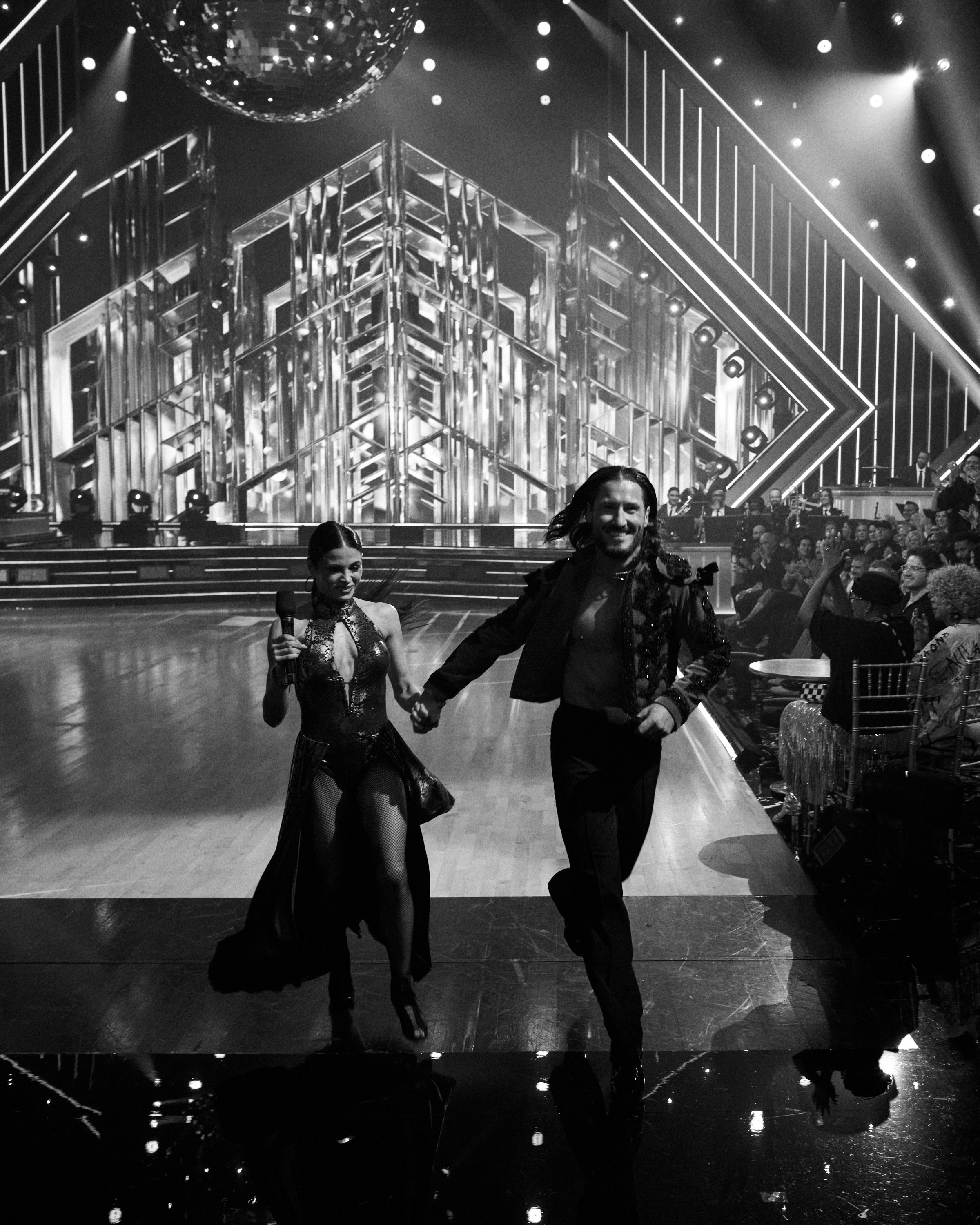 Jenna Dewan and Valentin Chmerkovskiy on the ballroom floor on Dancing with the Stars Super Bowl Night