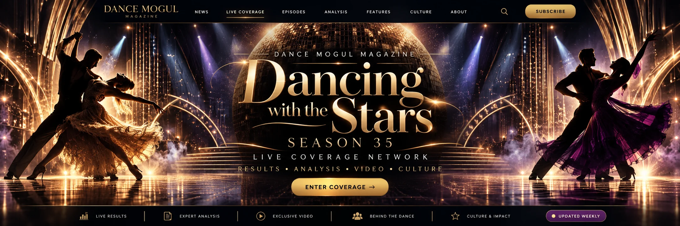 Dance Mogul Magazine Dancing with the Stars Season 35: cinematic ballroom dancers, gold stage and live coverage