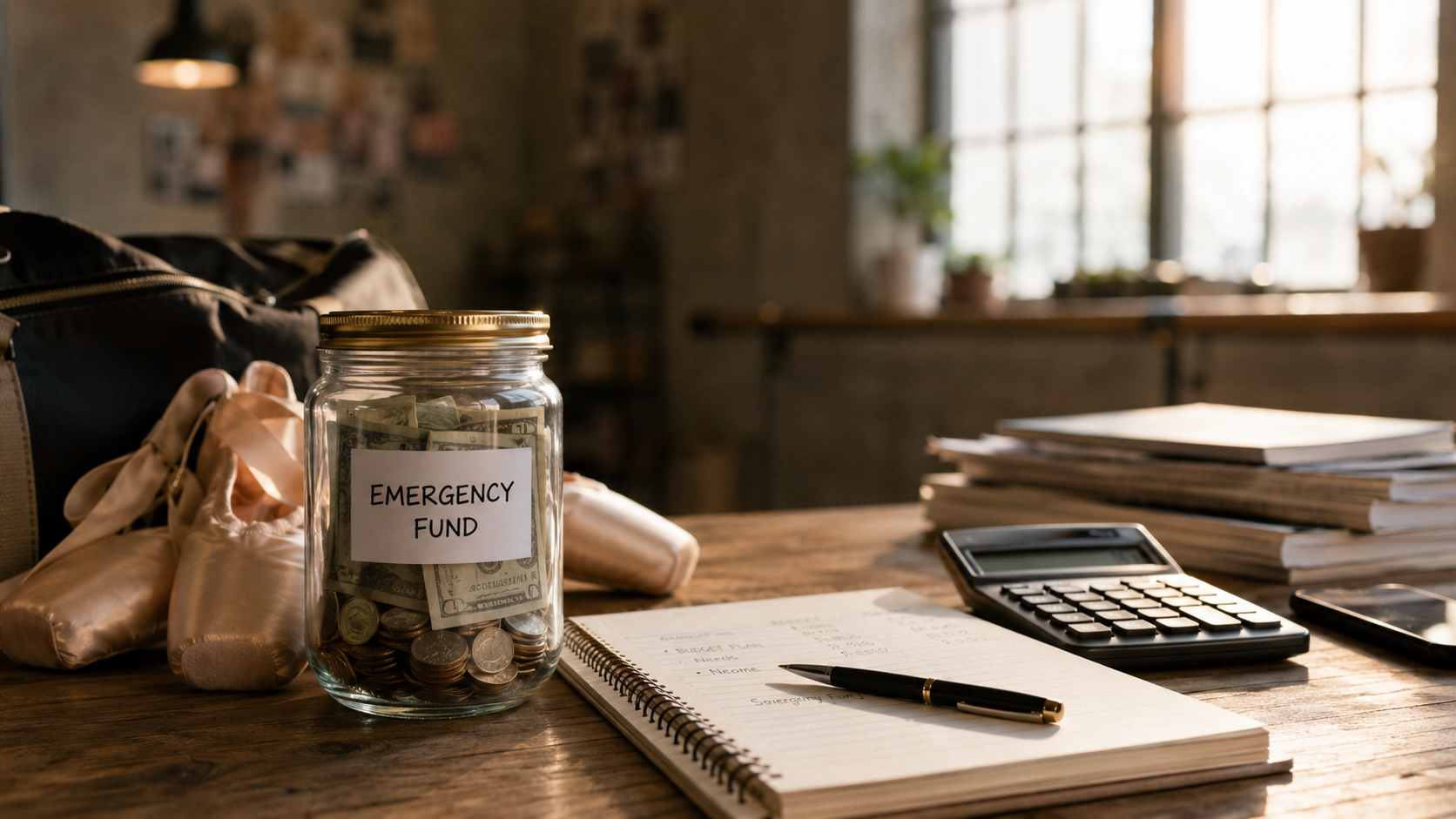 Emergency fund jar and financial planning notebook for a dancer with irregular income