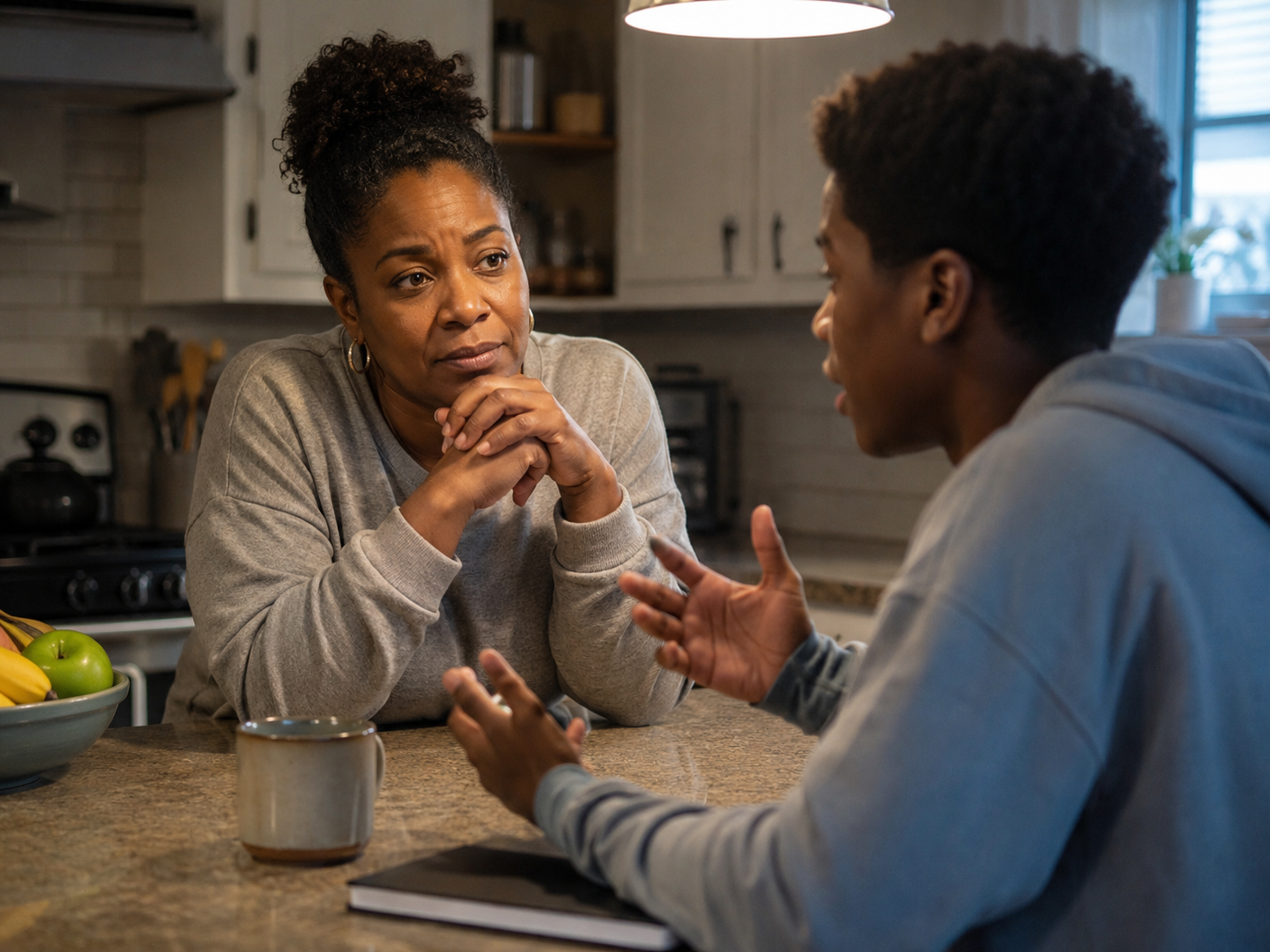 A parent listening closely to a teenager across a kitchen counter