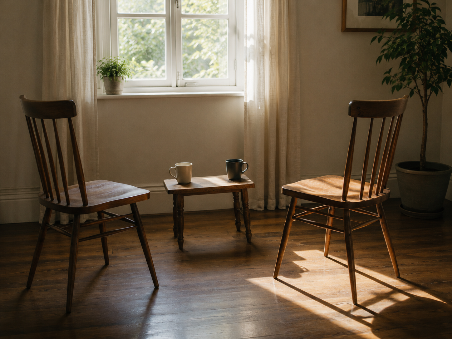 Two chairs angled toward one another beside a warm window, ready for a conversation