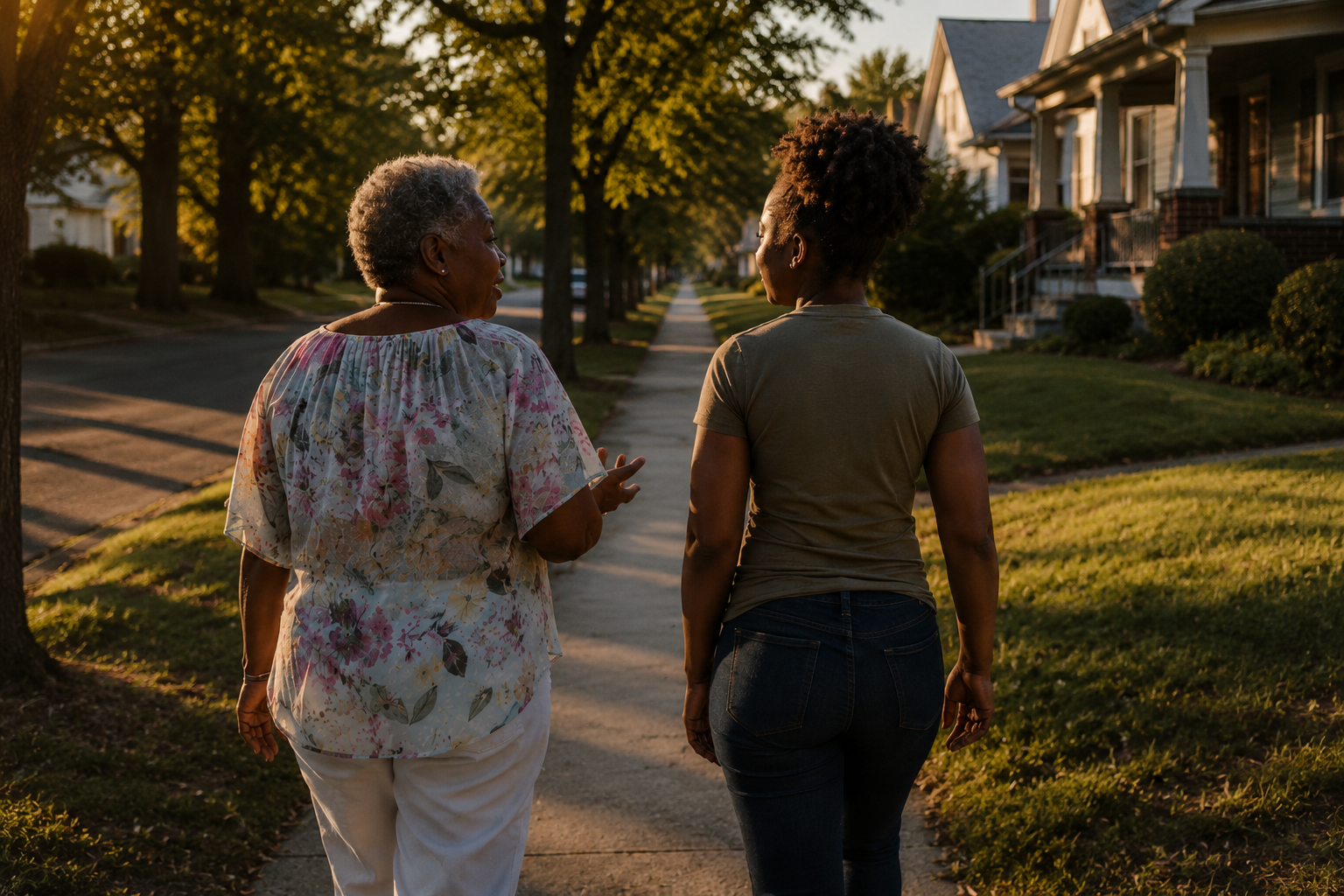 Two family members walking outdoors while talking, phones away and shoulders relaxed