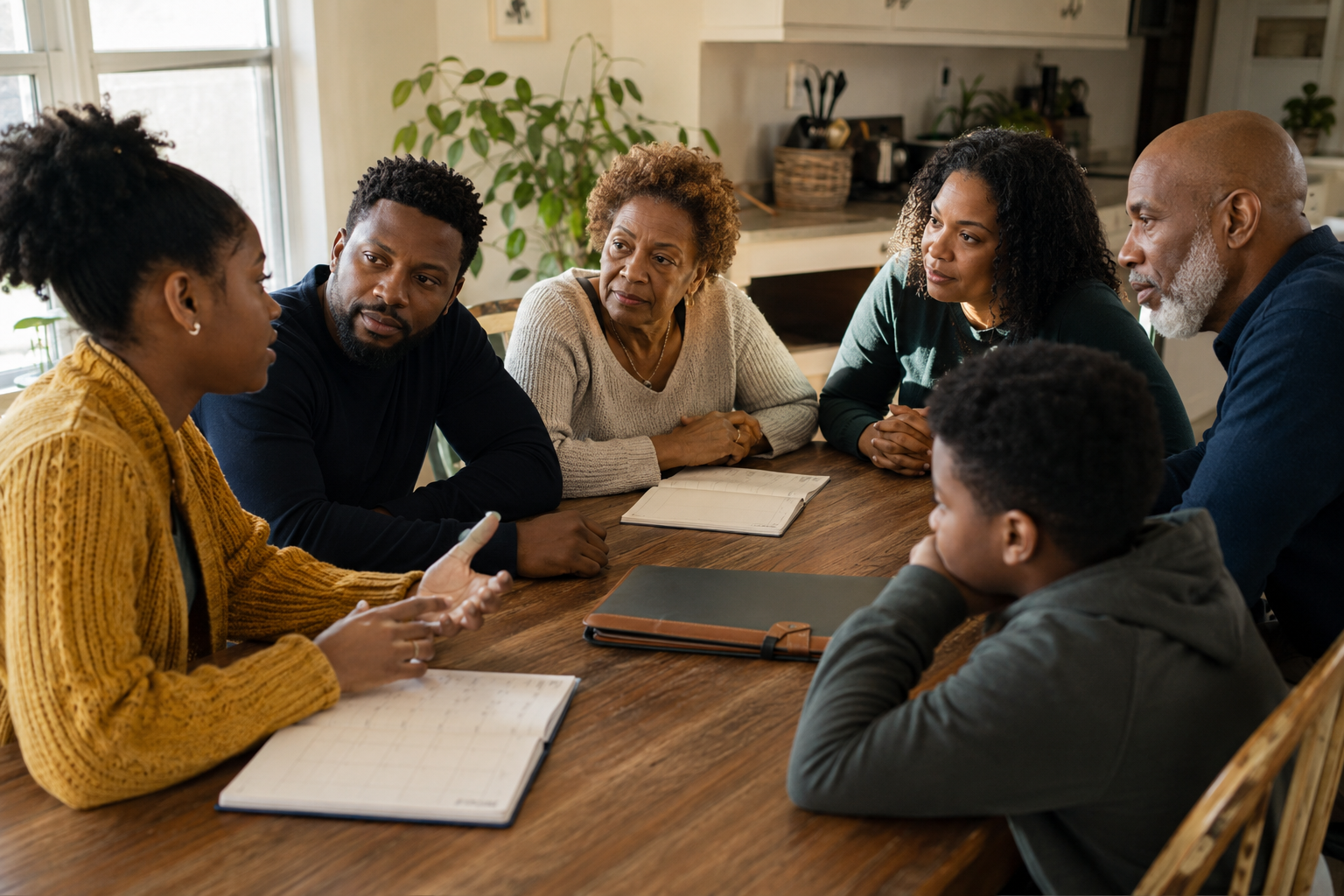 A multigenerational family discussing goals and responsibilities around a kitchen table
