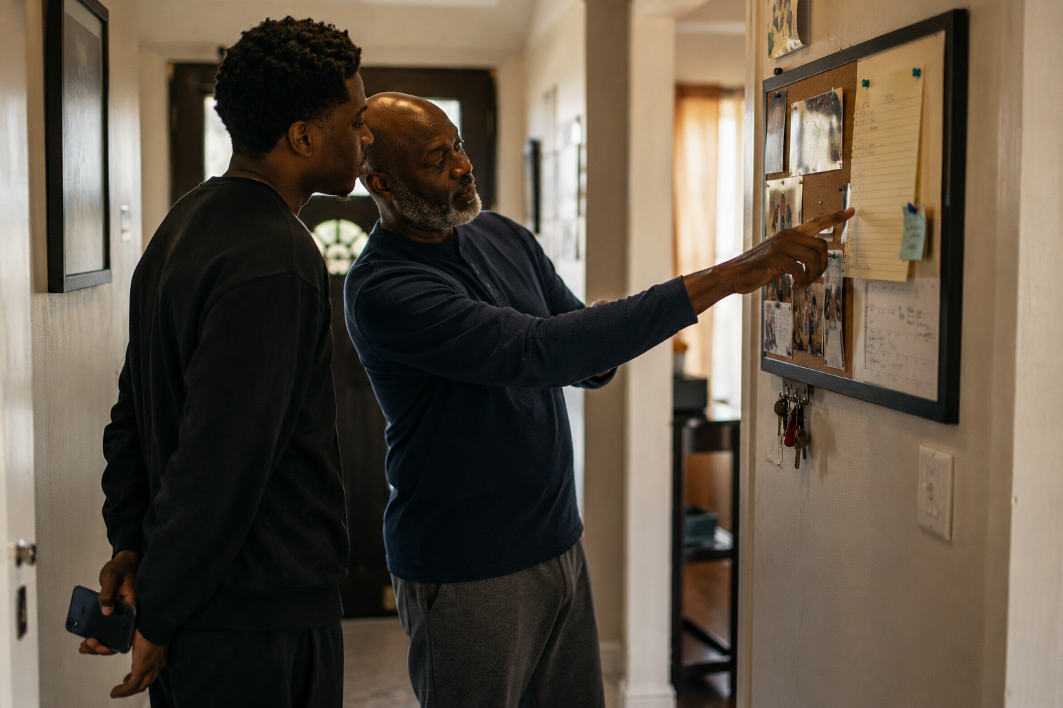 A family reviewing an emergency contact list on a wall board with a phone nearby