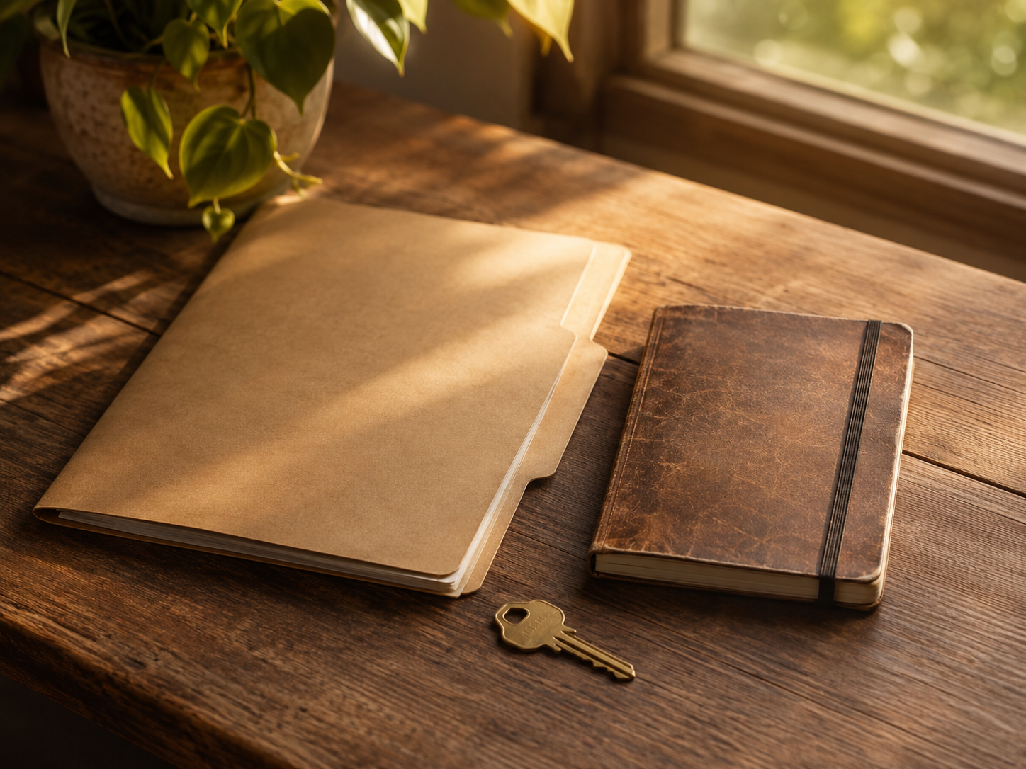 A closed family planning folder beside a journal and a house key in warm light