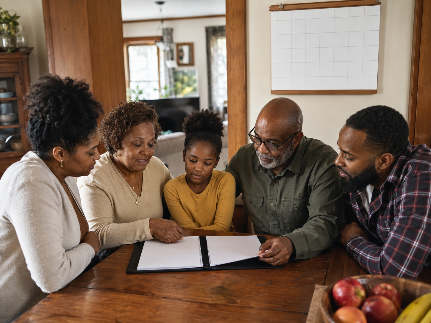 A family reviewing an organized planning folder and calendar together at a home table