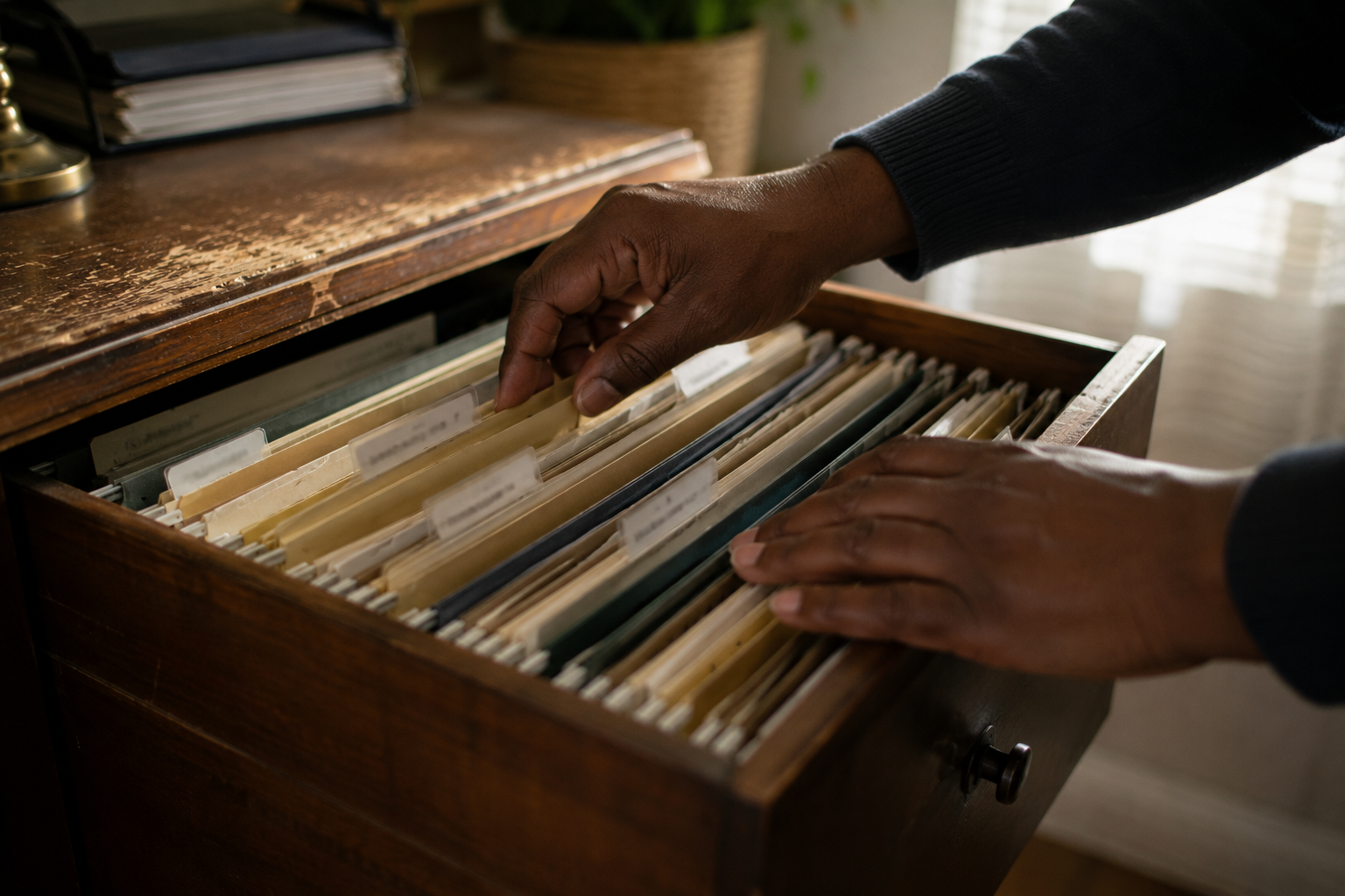 Hands organising household folders in a secure home drawer