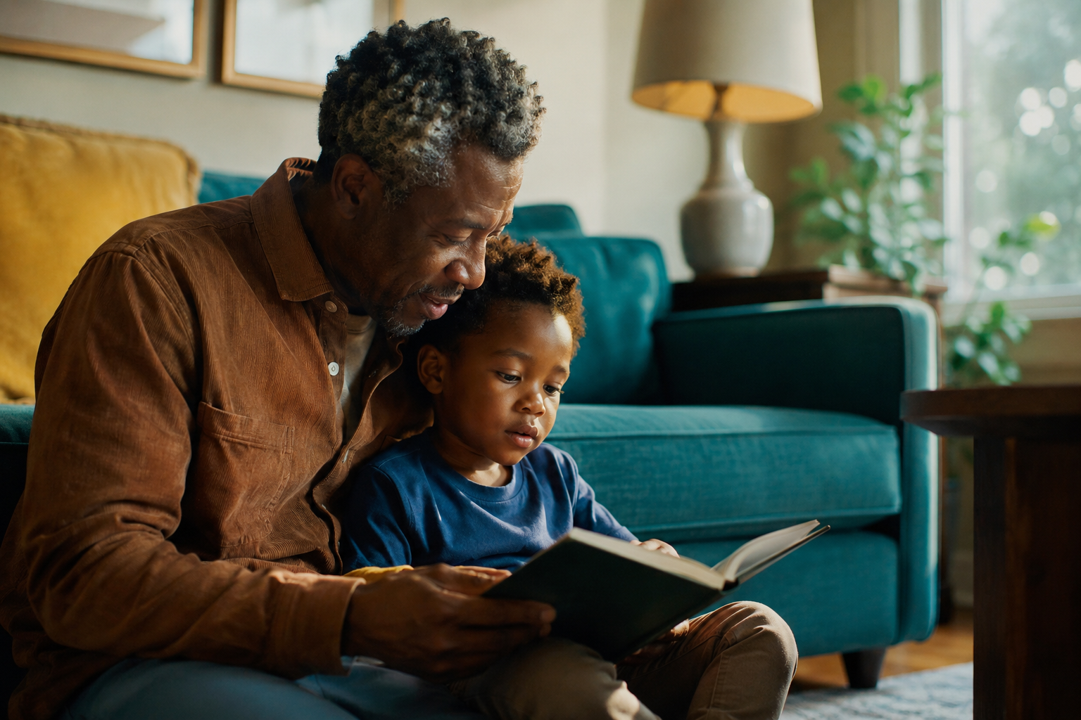 A parent and child reading together at home, representing relationship wealth