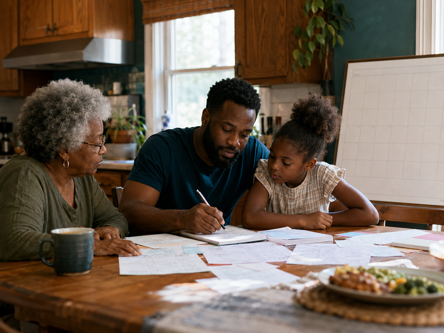 A family using a shared calendar and household notes at a kitchen table